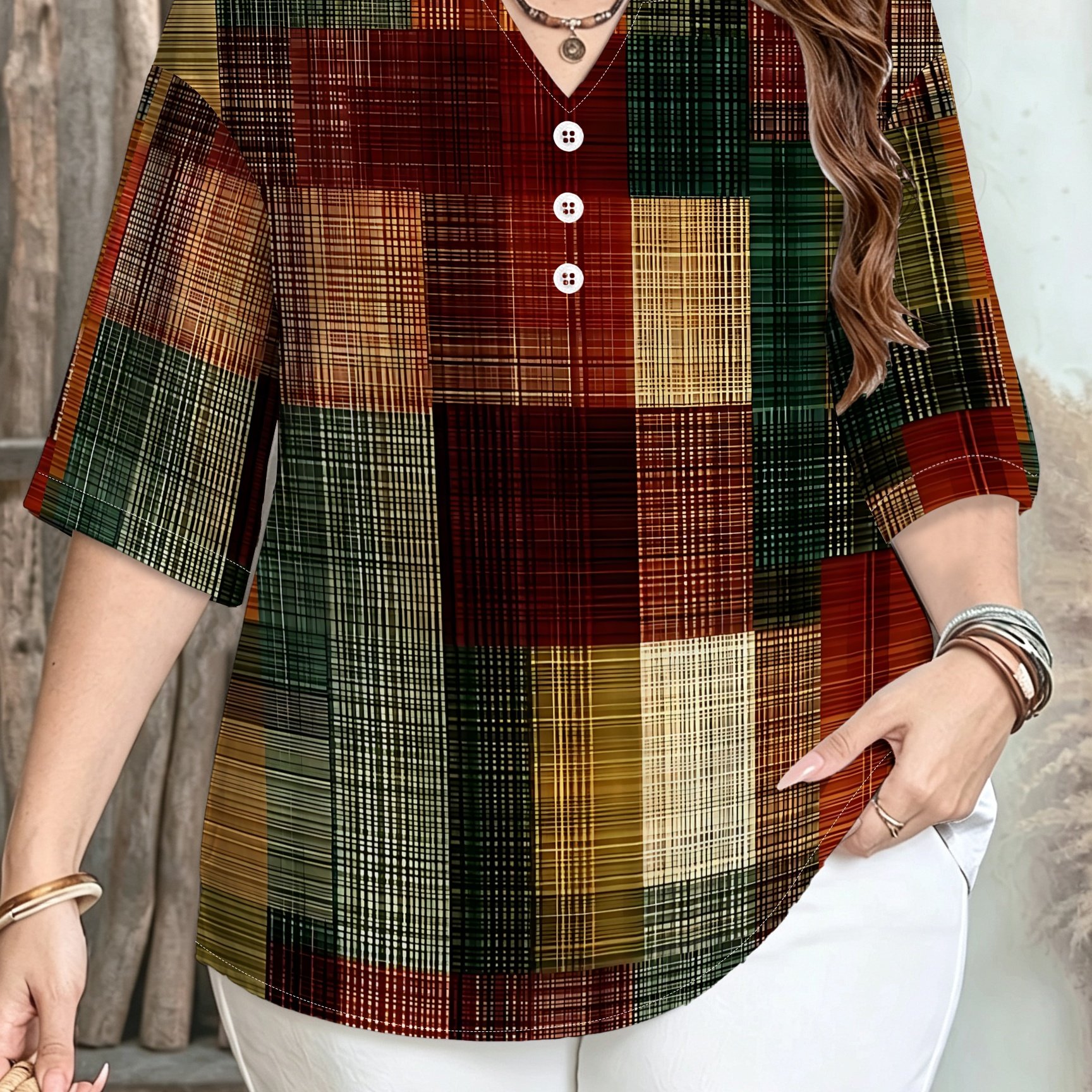 TEMU V-neck Short Sleeve Top For Women, Three-quarter Sleeve Shirt, /autumn Casual Top, A Perfect And Comfortable Gift For Women