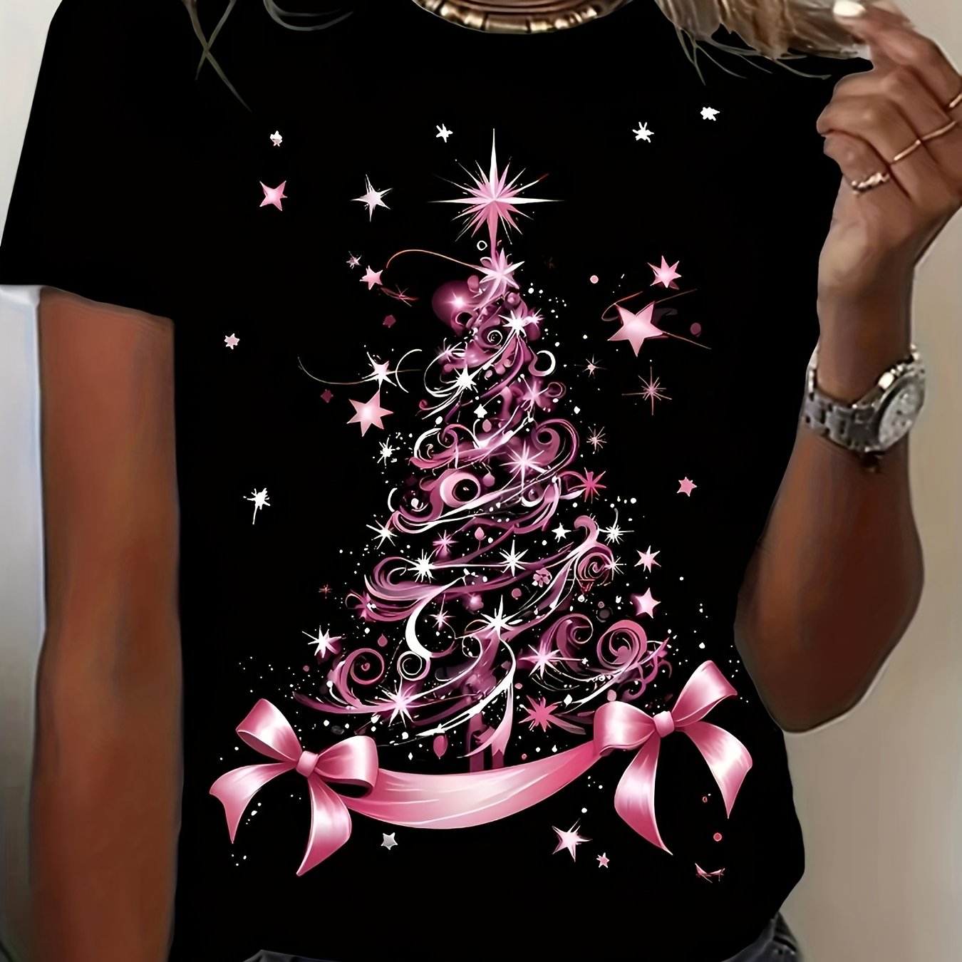 TEMU Plus Size, Edition Unisex Pink Glitter Christmas Tree Tshirt With Bow & Soft Crew Neck Top Suitable For Fit Holiday Party Outfit Machine W