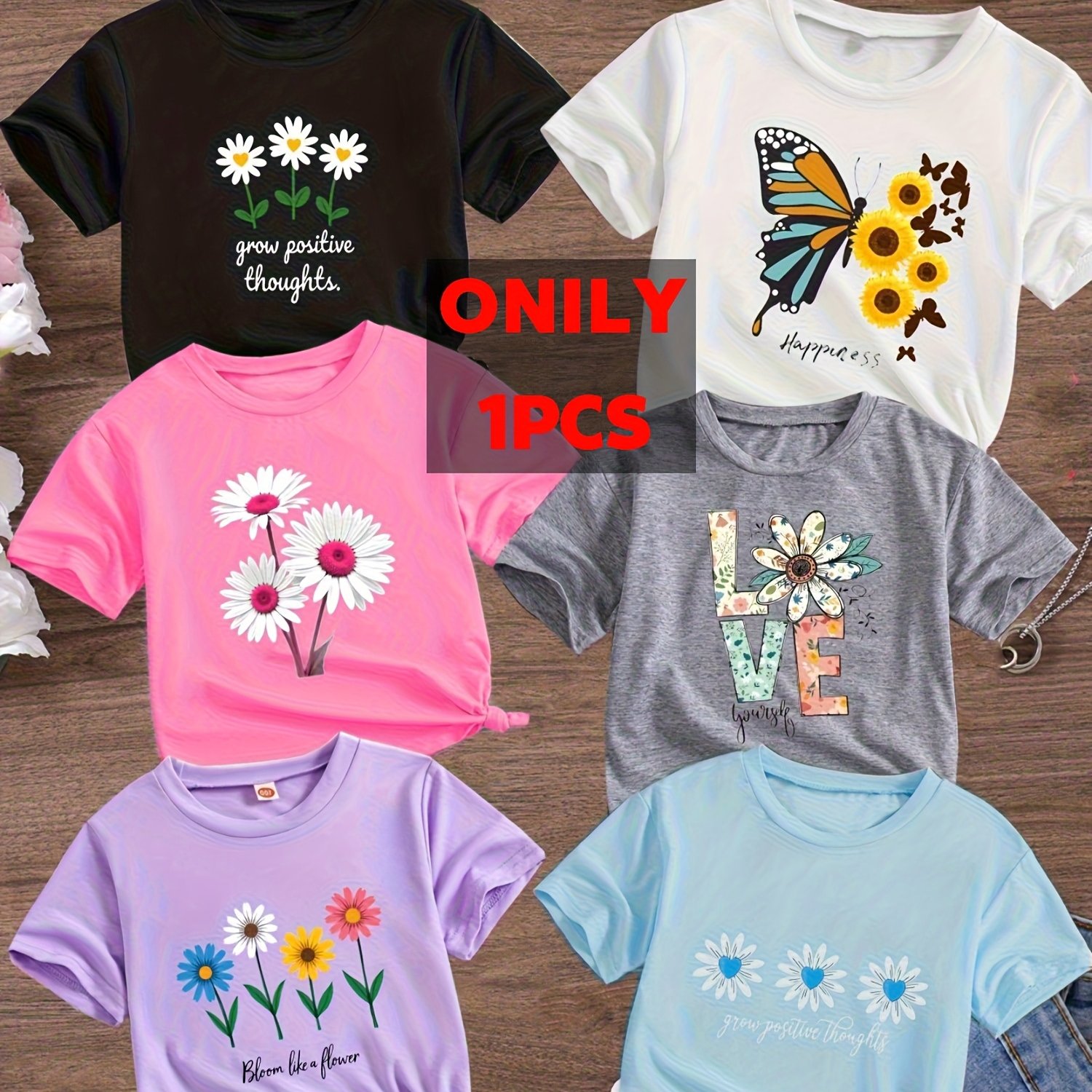 TEMU 6 Colors 1pc T-shirt New Cartoon Print Short Sleeved 100% Cotton 1pc T-shirt Comfy Casual Tees For Girls