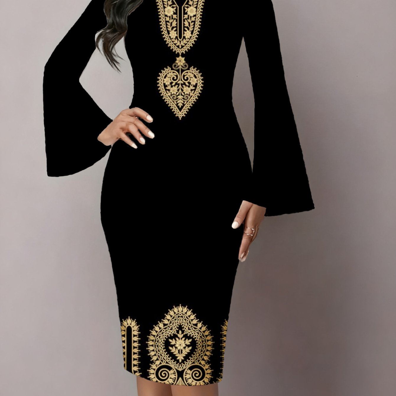Image of Plus Size - Plus Size - Plus Size Women's Elegant Bell Sleeve Printed Bodycon Dress | Long Sleeve, Crew Neck, Midi Length, Perfect For Party, Evening & Cocktail Events, Suitable For Autumn & Winter