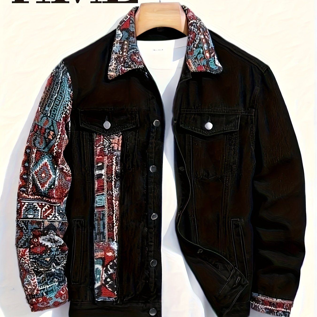 TEMU Veste en jean décontractée brodée HME | Coupe droite, non extensible, couleur unie avec poches, col à revers - Style vêtement de travail pour