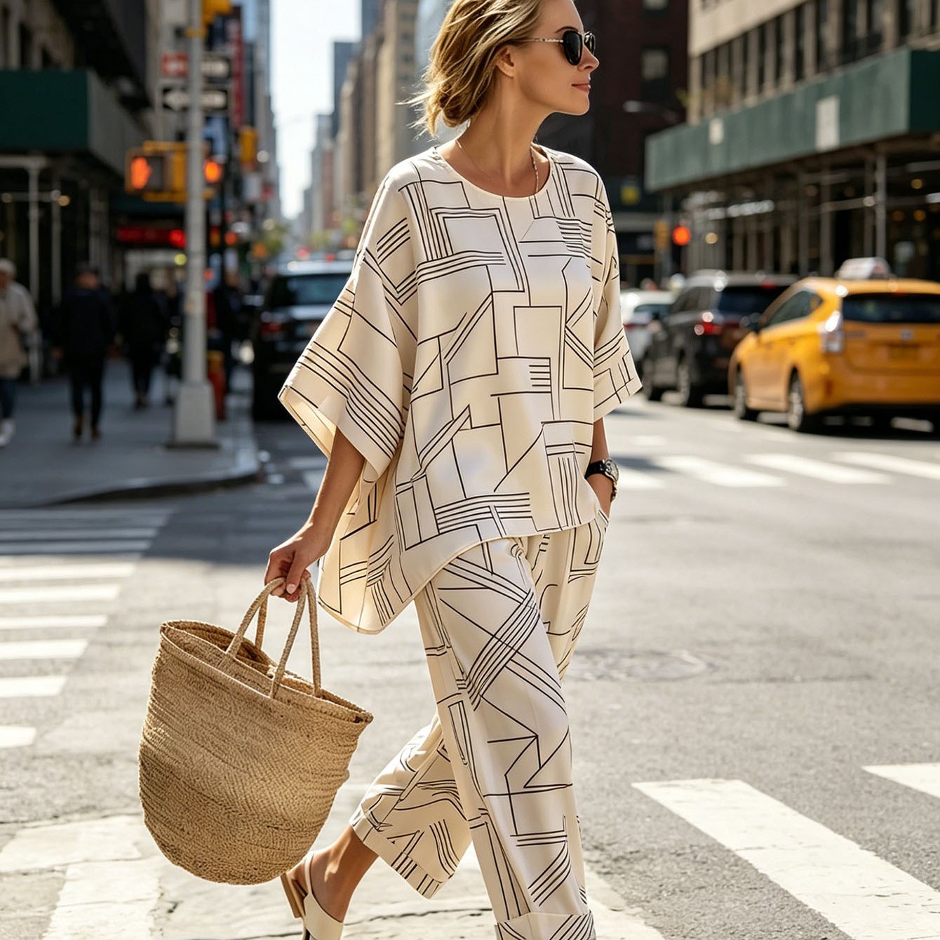 Print Batwing Sleeve Top And Wide Leg Pants Casual Set