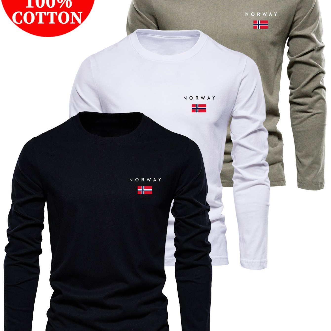 3-pc 100% Cotton T-shirts, Men's Round Neck Spring/autumn New Minimalist Long Sleeve Casual Tees For Daily Wear And Outdoor Activities