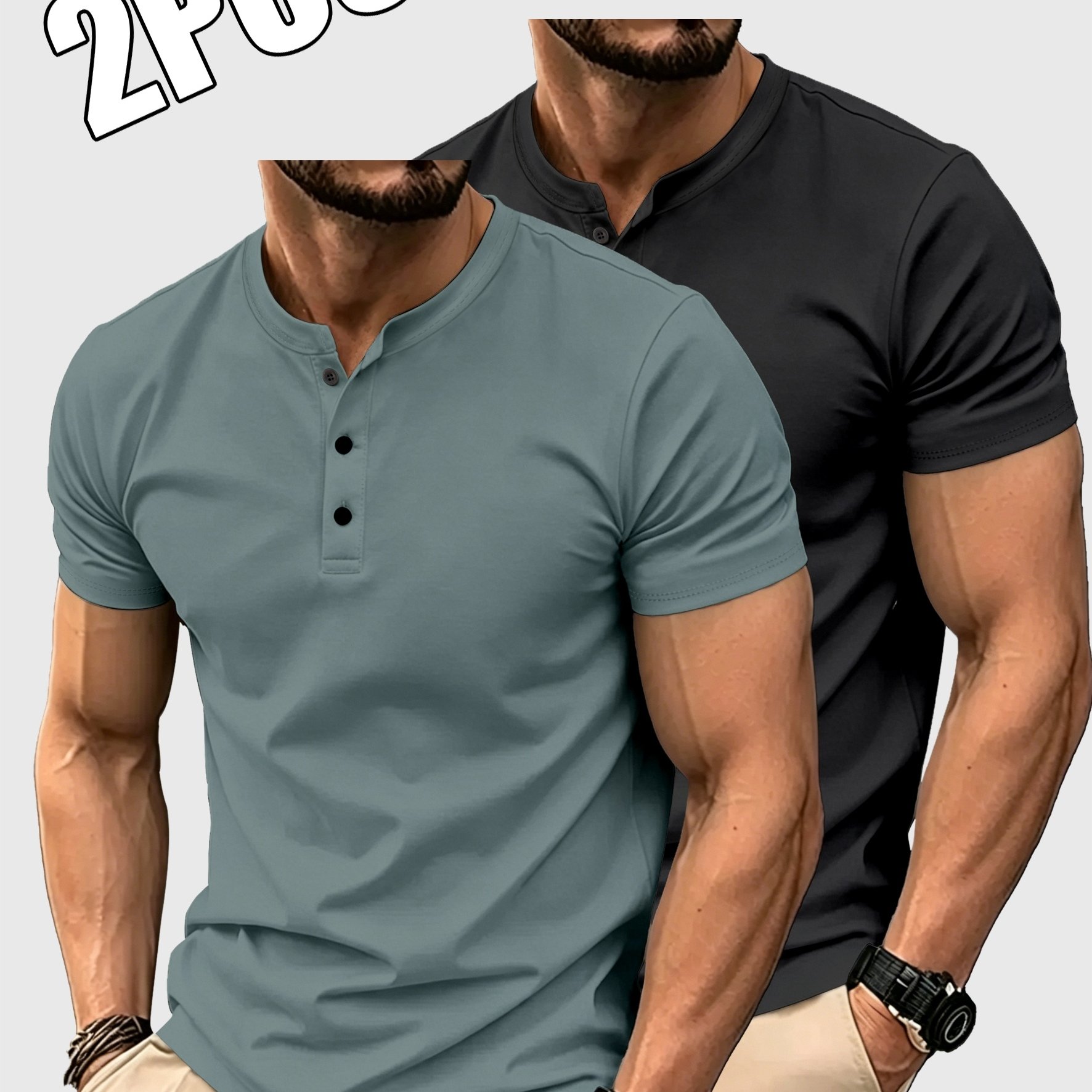 TEMU 2pcs Set Of Men' Color T-shirts, Summer Classic Henley Shirts, Suitable For Casual Wear
