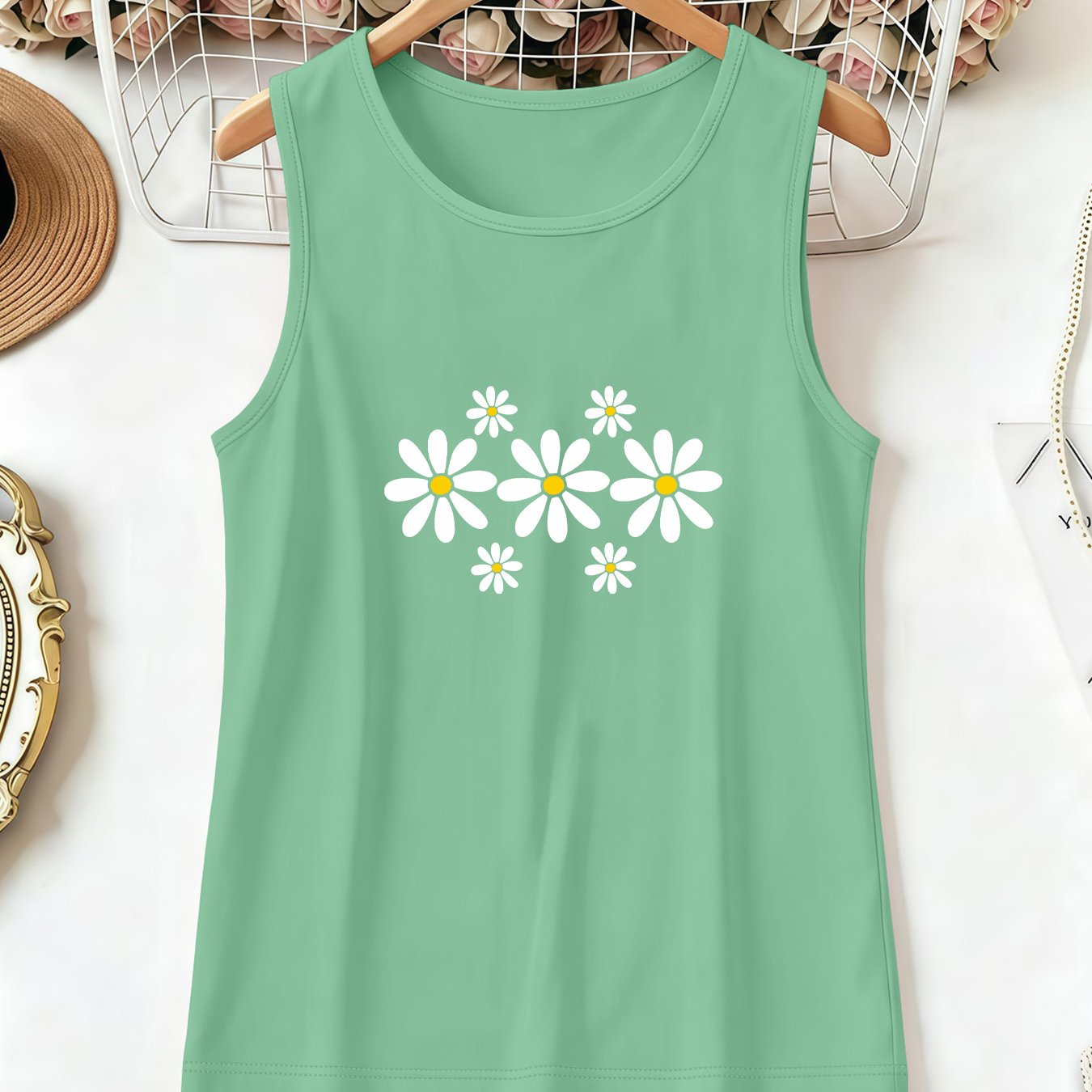 TEMU Plus Size, Spring/summer European And Plus Size Women's Round Neck Camisole Tank Top, Inner Wear For Petite Plus Size, White Daisy Print