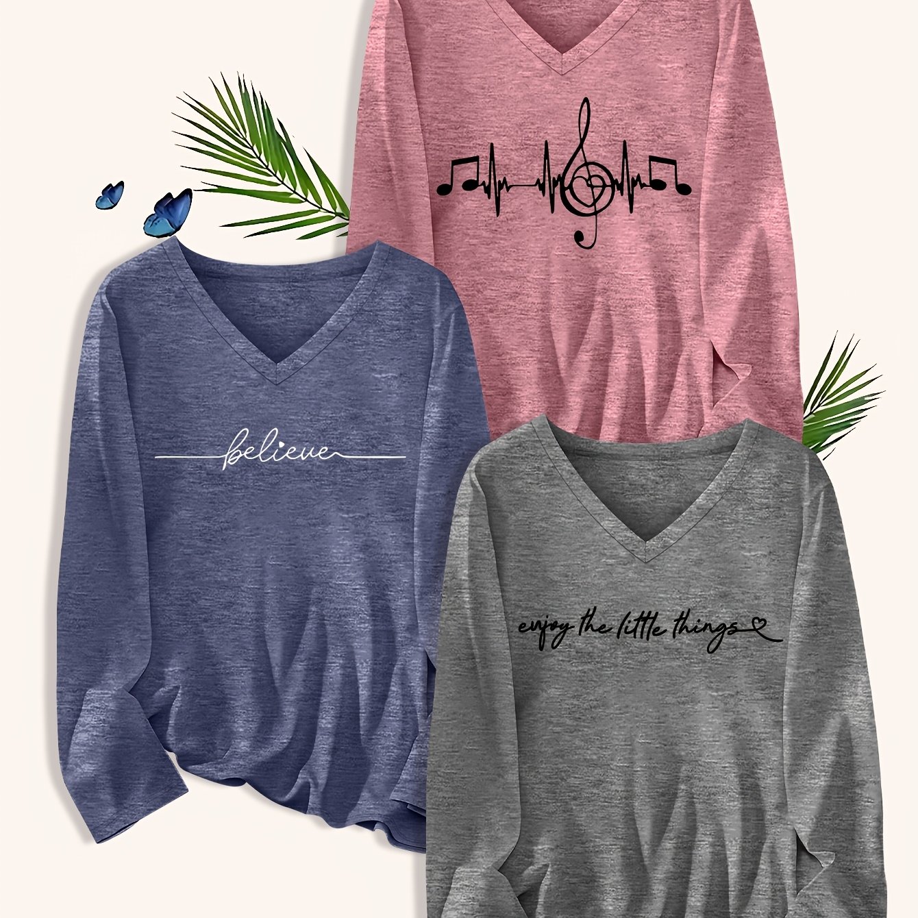 TEMU Plus Size, Versatile T-shirt 3pcs: Spring New Arrival Plus Size Women's Fashion Letter Long Sleeve V-neck T-shirt Set, 3pcs, Women's T-shirt,