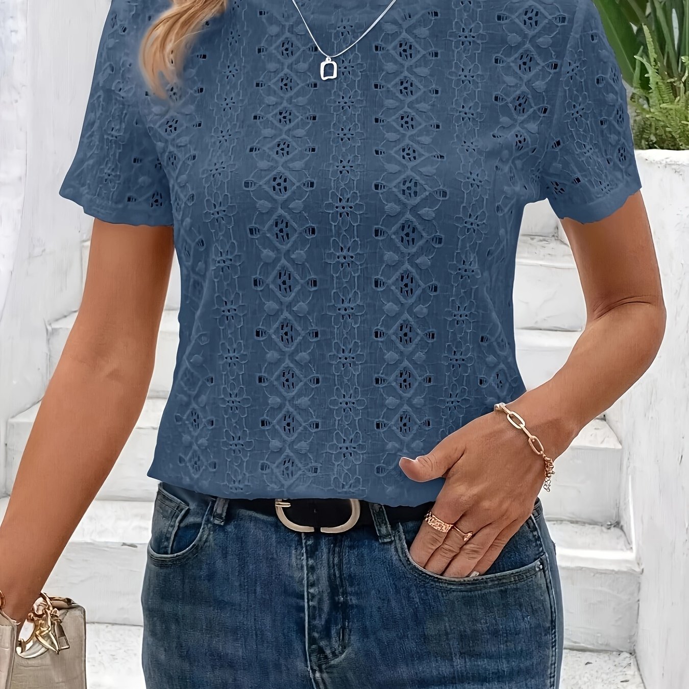 E-shop Damens Casual Kurzarm-T-Shirt - Elegantes geometrisches Muster, Rundhalsausschnitt, Hellrosa, für Frühling/Sommer/Herbst, Vielseitig für