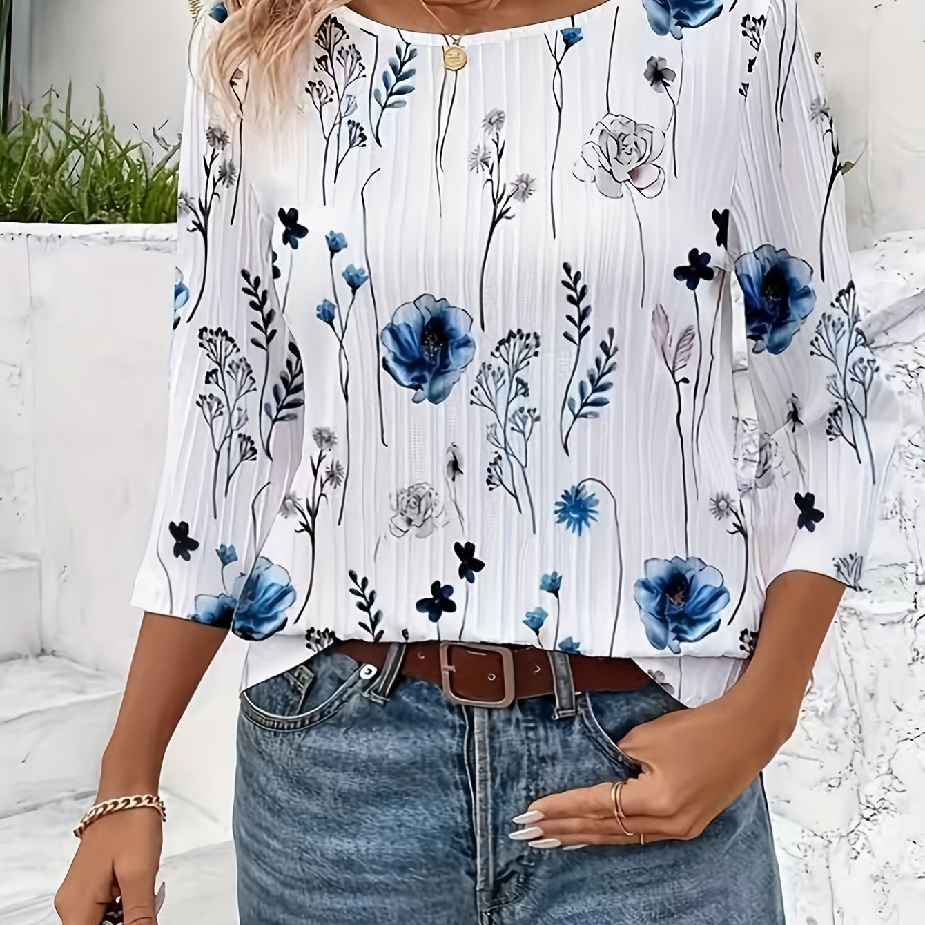 TEMU Plus Size, Didi 2025 New Summer Vintage Fashion Print Loose Casual Relaxed 7/8-sleeve T-shirt
