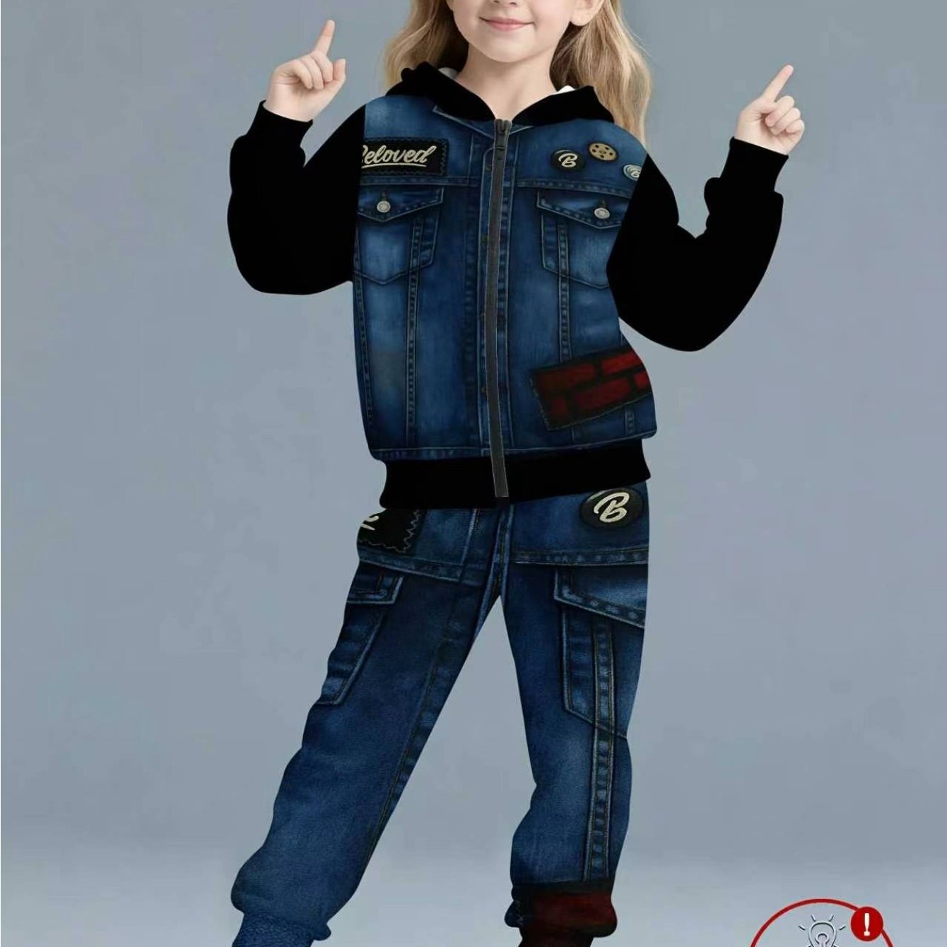 Girls' Trendy 3d Printed Denim-look Hooded Zip-up Tracksuit Set, Casual Pants 2pcs Set ( Denim), Perfect For Outdoor G033