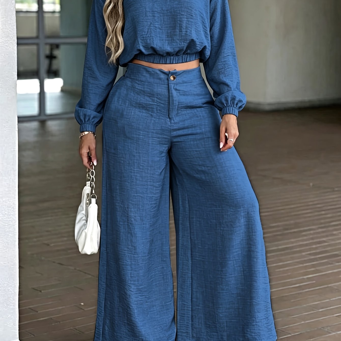 TEMU Women's New Elegant Solid Color Crop Top With Long Sleeves And Lapel Collar, Plus Casual Zip-front Wide-leg Pants With Elastic Waistband, 2pcs