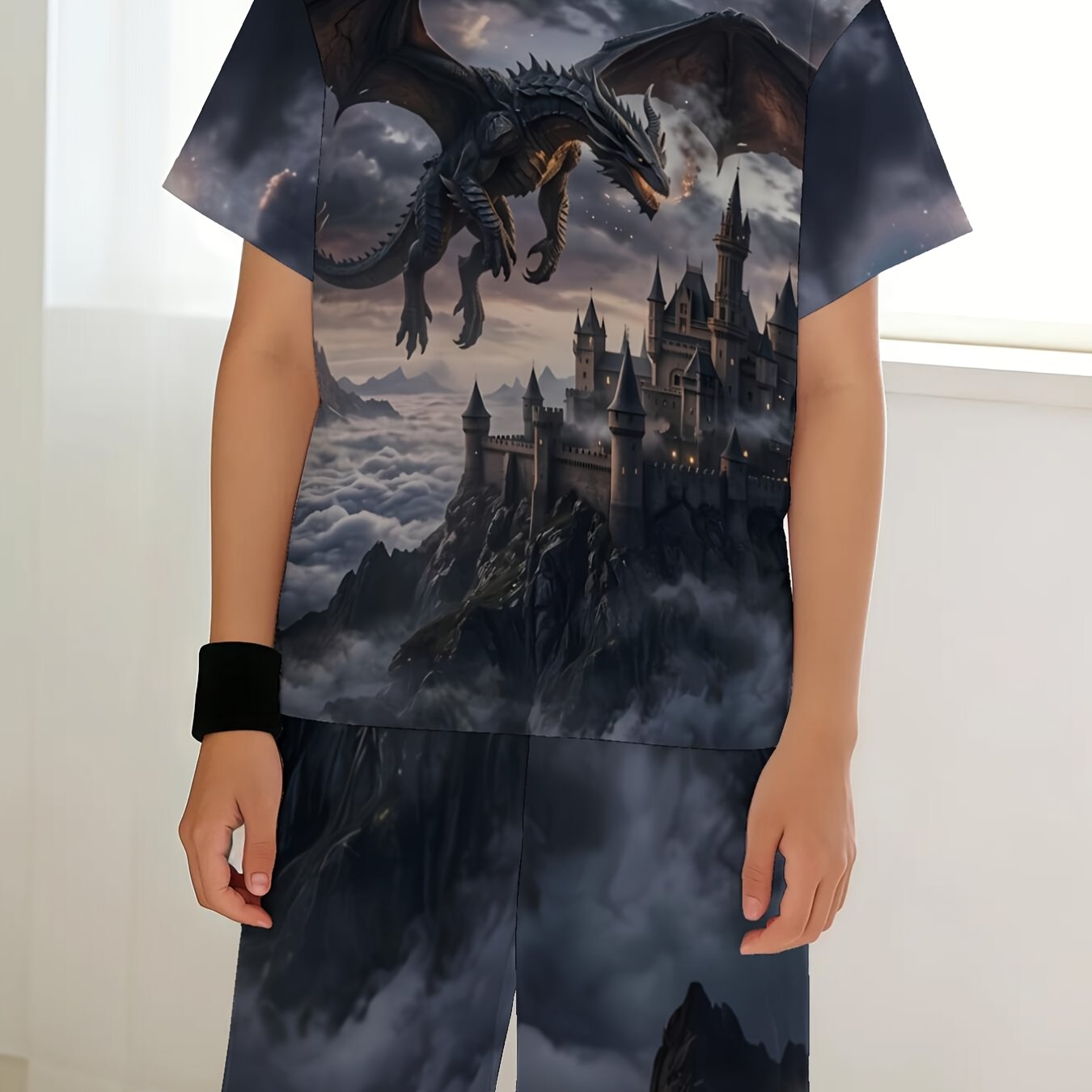 TEMU Black Dragon & Castle Print Teen Summer Short Sleeve & Shorts Set, Casual 2pcs Outfit, For Teenager