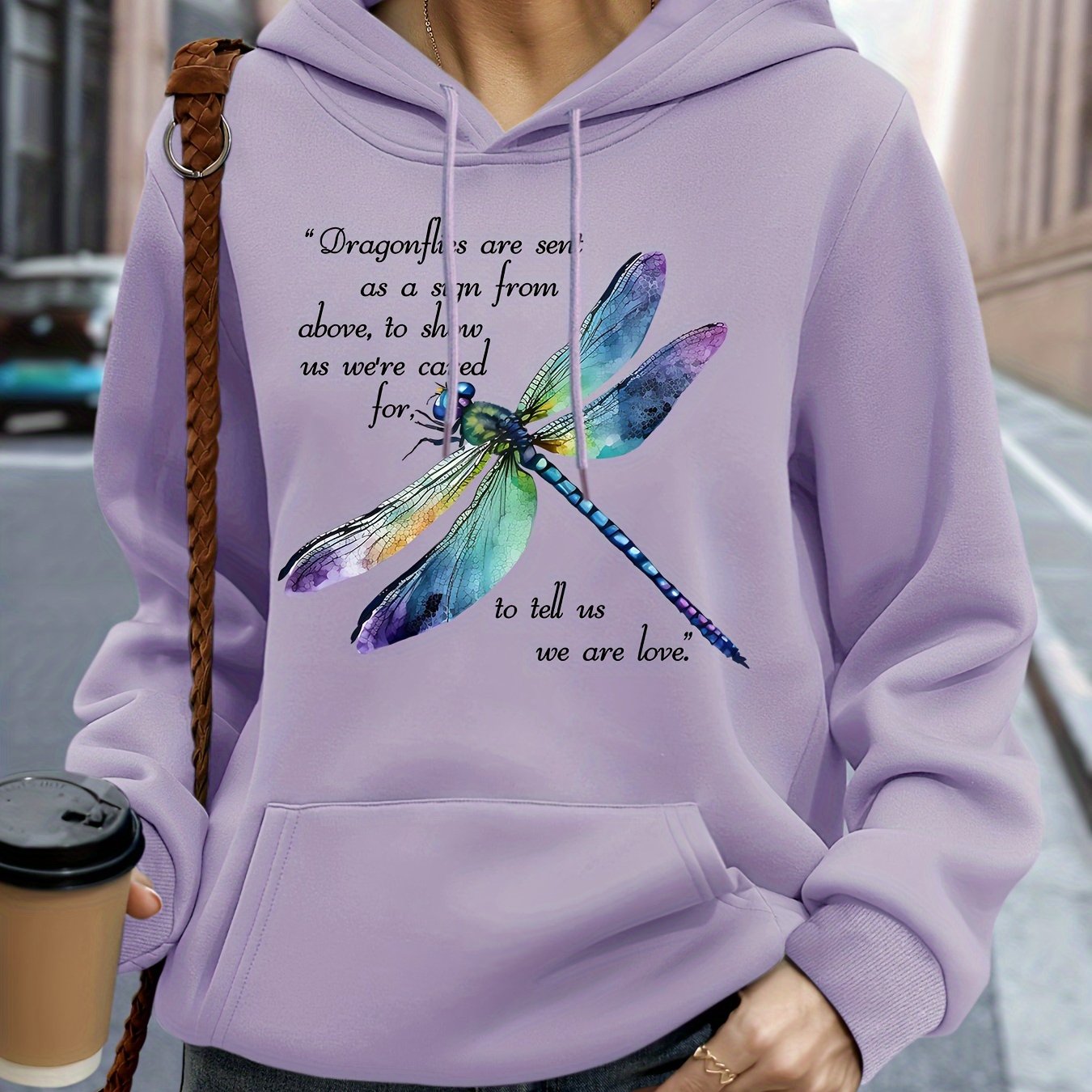 TEMU Women's Plus Size Dragonfly Print Hooded Sweatshirt - Lavender Casual Pullover With Inspirational Quote, Cozy Fall & Winter Hoodie, Machine