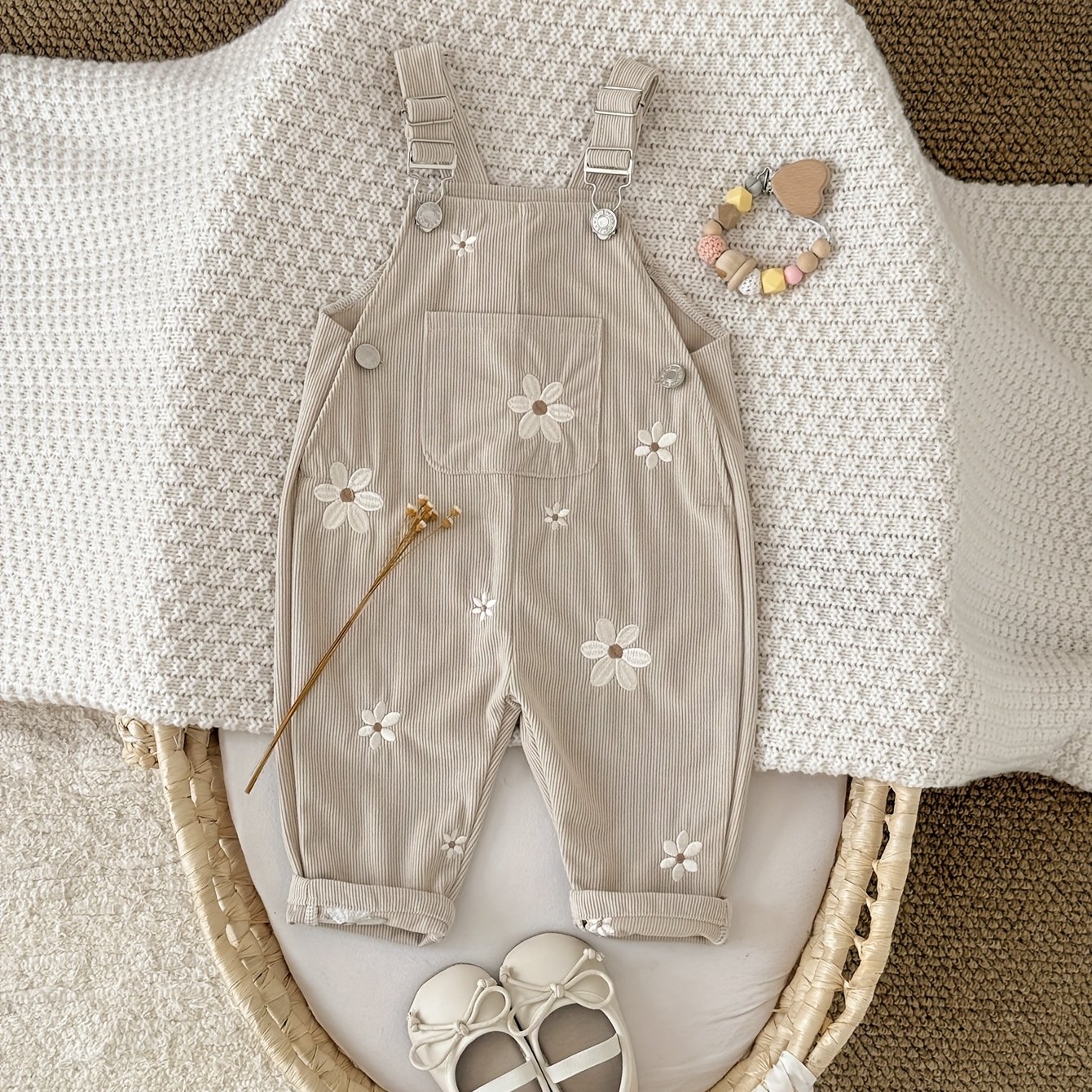 Baby Girls' Casual Overalls White Small Floral Embroidery Bib Overalls Button Design Easy Dressing And Adjustment For Outfit (excludes Any Other Items And Additions), For Outdoor