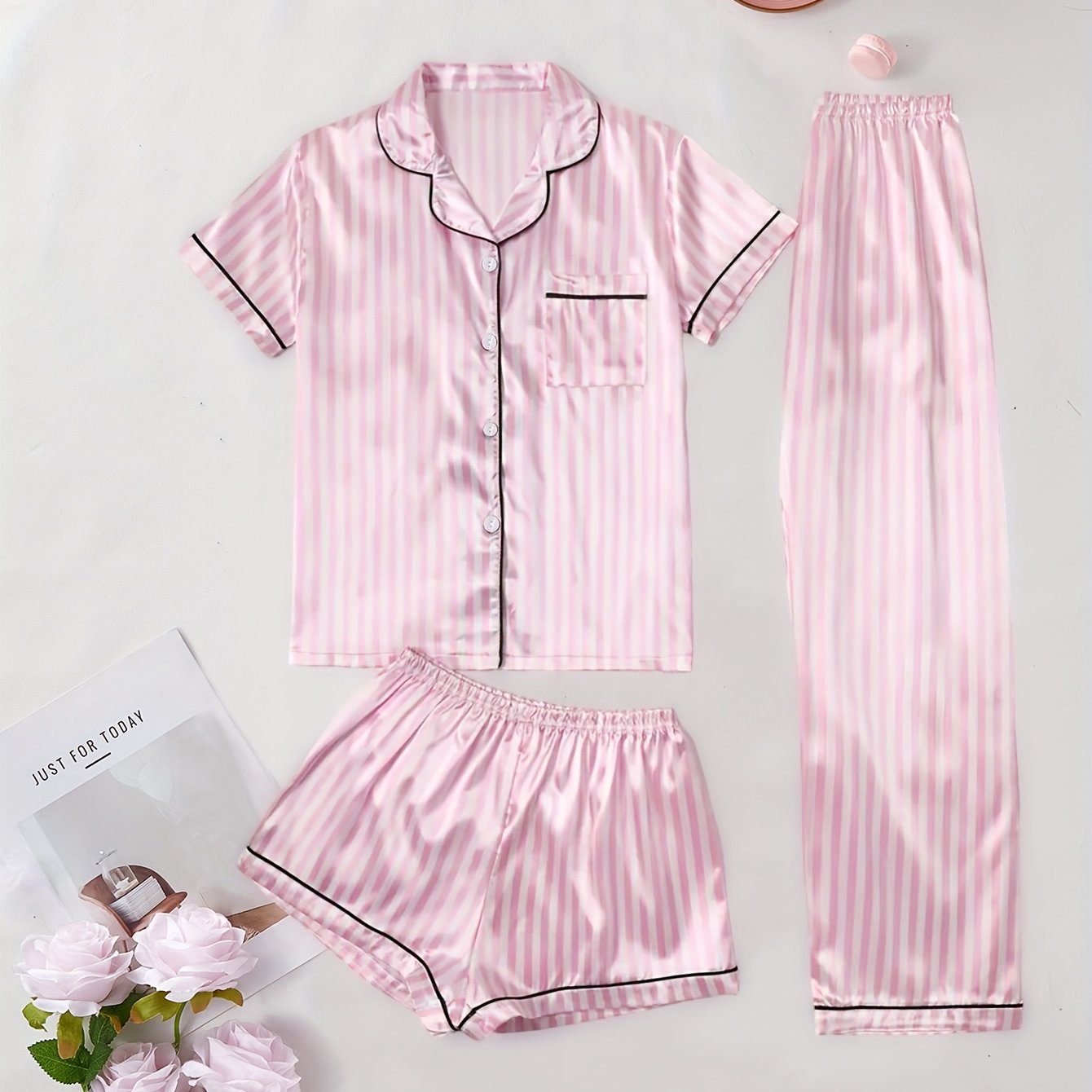 Image of Teen Teenager 3pcs Striped Pajama Set, Short Sleeve Button-up Collar Top And Shorts And Pants, Comfortable Loose Fit, For Teenager, For Teenager