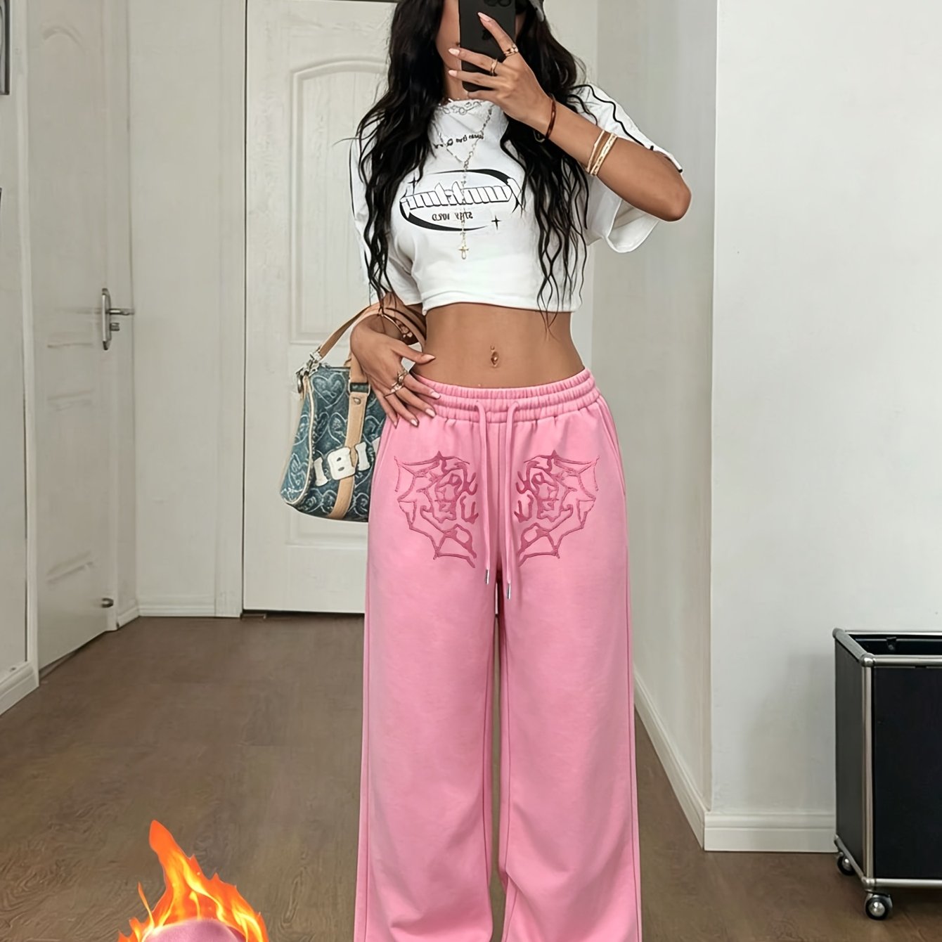 TEMU Women's Trendy Fleece-lined Trousers For Autumn/winter - Featuring A Thorn-line Pattern | Solid-color Drawstring Trousers, Stylish & Versatile