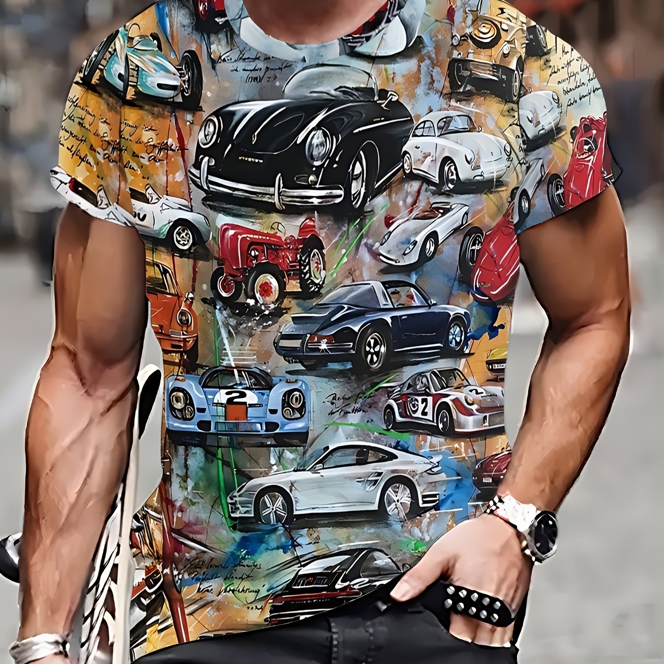TEMU [print Design - Not Textured], Hot Men's Retro Car Print T-shirt - Short Sleeve Crew Neck, Lightweight Polyester, Classic Car Pattern, Casual