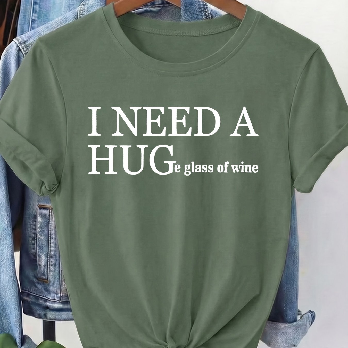 TEMU Women's T-shirt, Short-sleeved Round-neck Casual Top, White With English Text Print Reading "i Need A Glass Of Wine". Machine Washable, Suitable