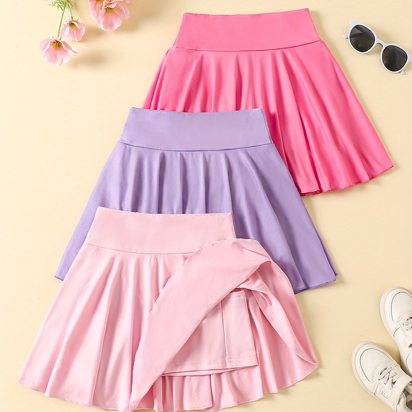 E-shop Mädchen 3-teiliges Set bunte Dopamin High-Waist Elastische Skort, Seitentaschen-Design, Anti-Flash, für Sommer Outdoor-Aktivitäten