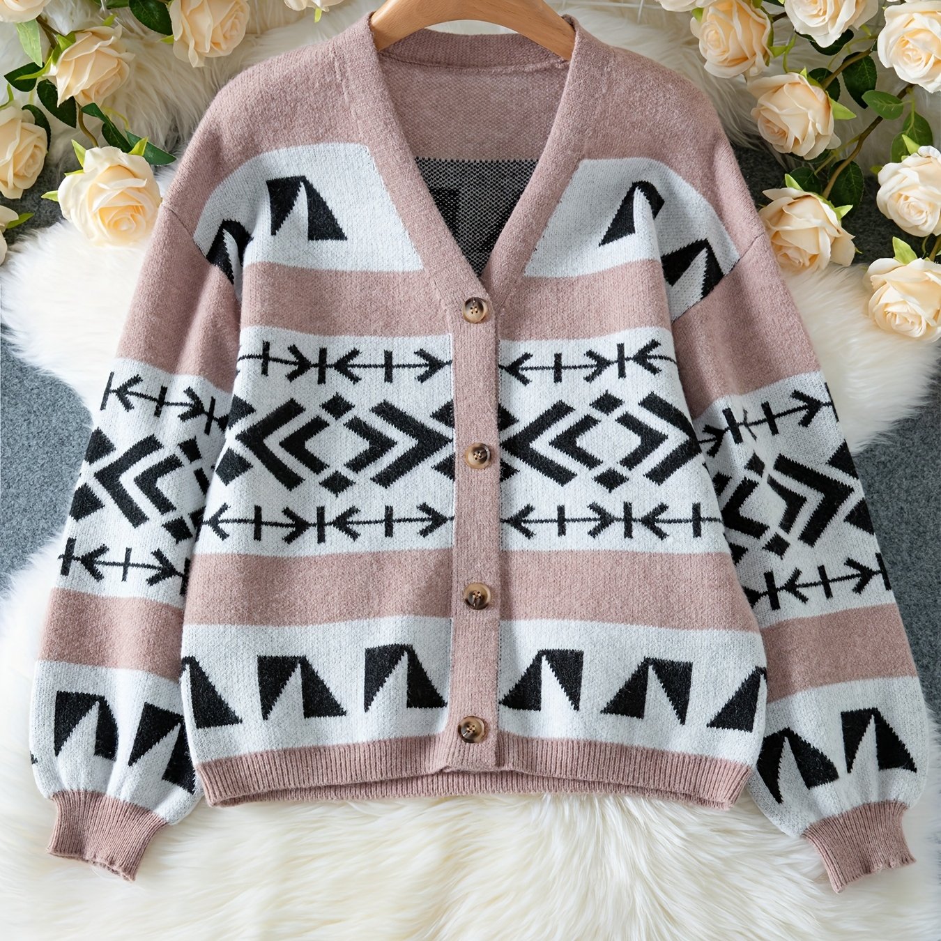 Color Block Geometric Pattern Autumn Winter Casual Loose Sweater Cardigan Coat