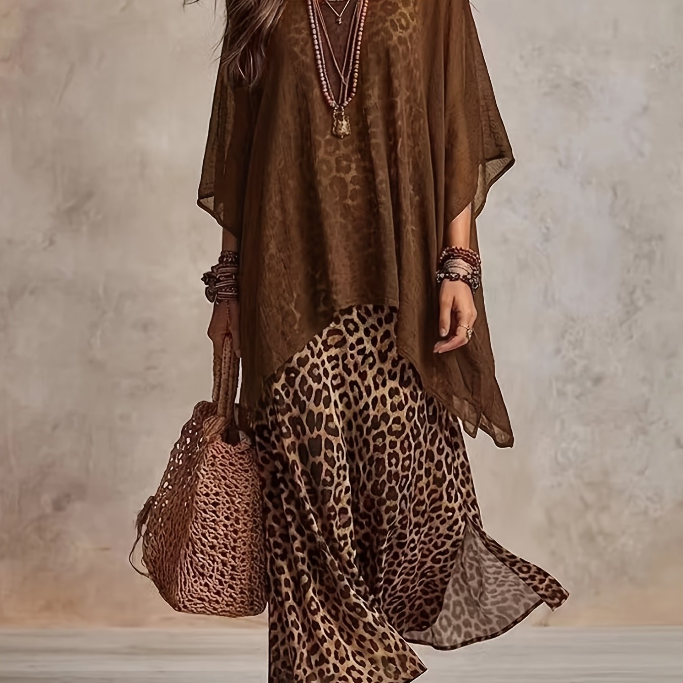 TEMU 2pcs Set: Women's Elegant Vintage Leopard Print Dress And Loose Flowing Top, Casual Design Dress Set