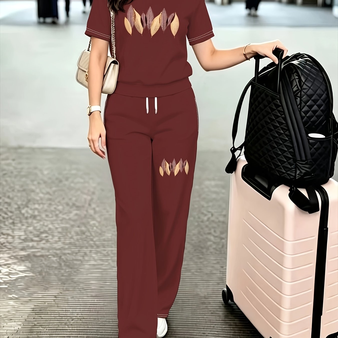 TEMU [printed Design - Not Textured] Women's Fashion Pants Set, Featuring A Stylish Leaf , Modern And Elegant, Suitable For Daily Wear And Outfits