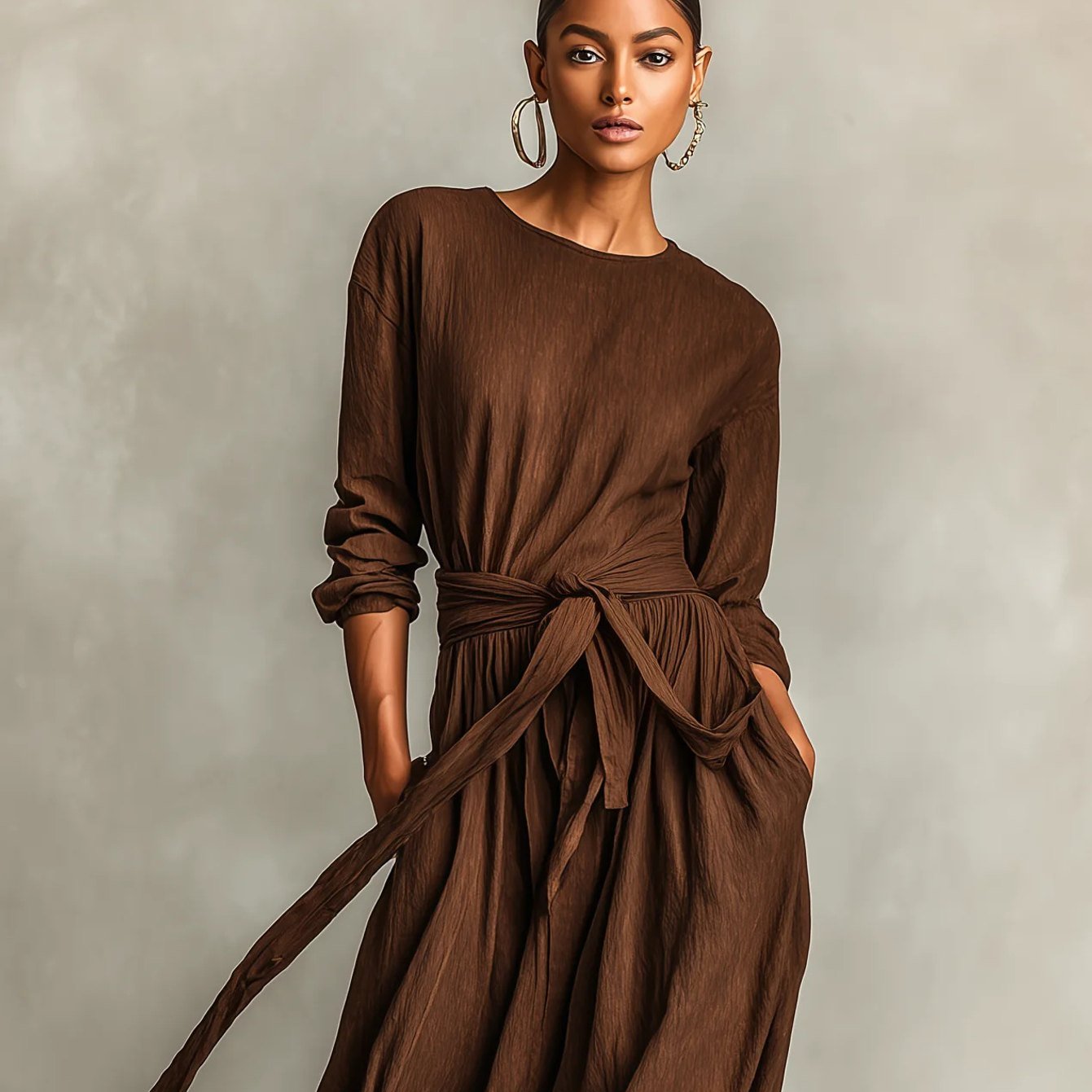 Women's Elegant Long Sleeve Crew Neck Maxi Dress With Waist Tie, Solid Color Flowy Casual Dress