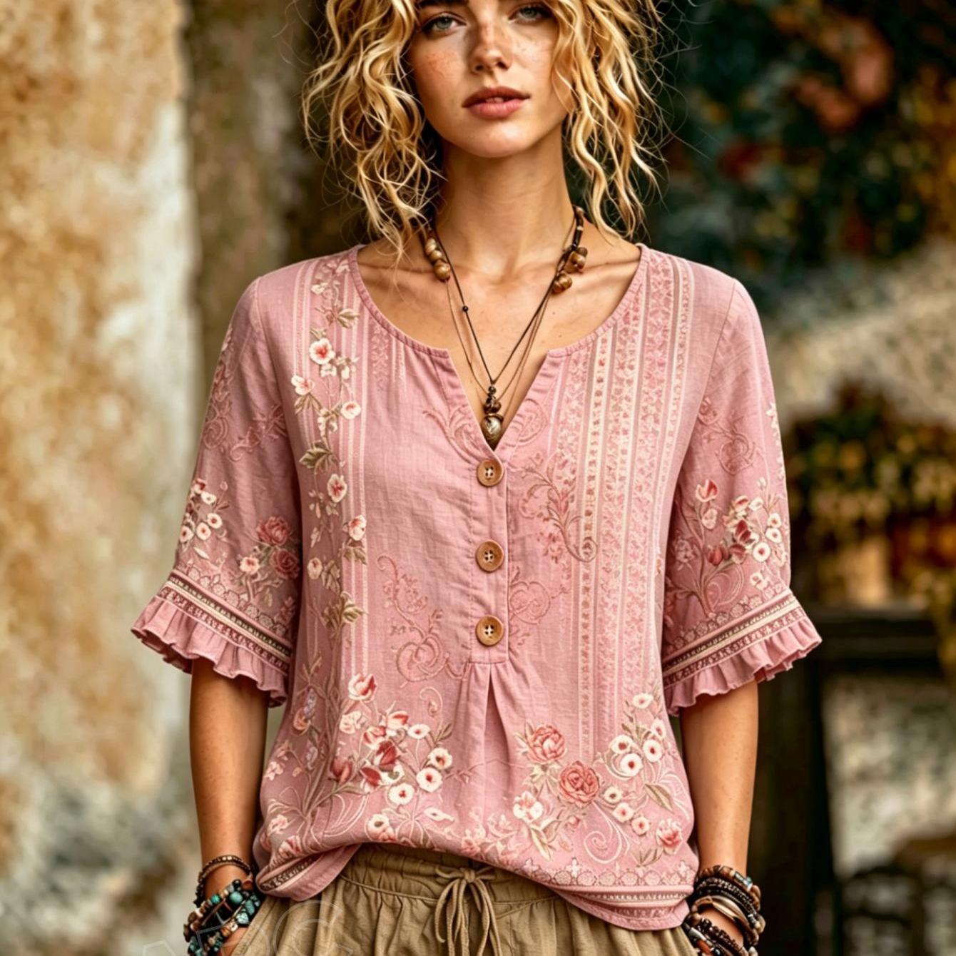 Women's Tops Women's Summer Apparel New Women's Summer V-neck Blouse With Floral Stripe Patterns Ethnic Shirt Suitable For Casual Daily Commutes Trips Machine Washable 2d Flat Print, 2d Flat