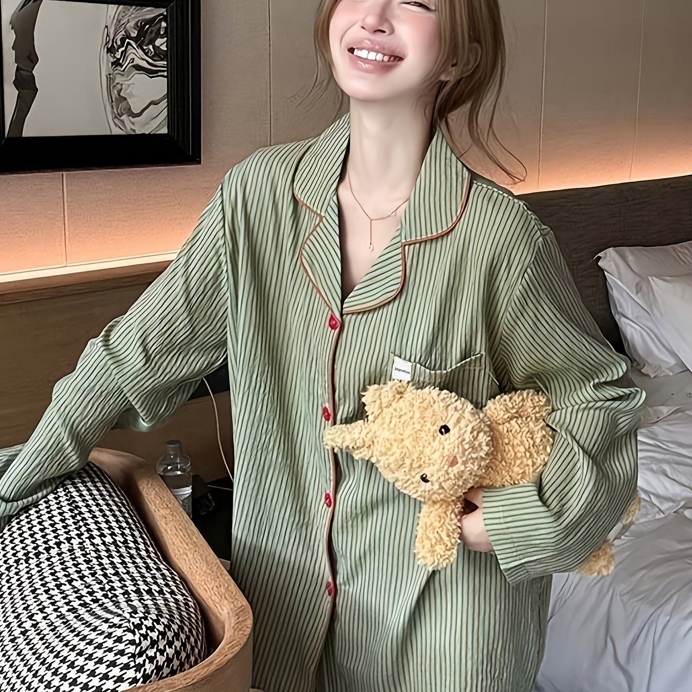 TEMU 2026 Korean Style Color-block Striped Pajamas Women's Autumn Thin Long Sleeve Long Pants Set Outerwear