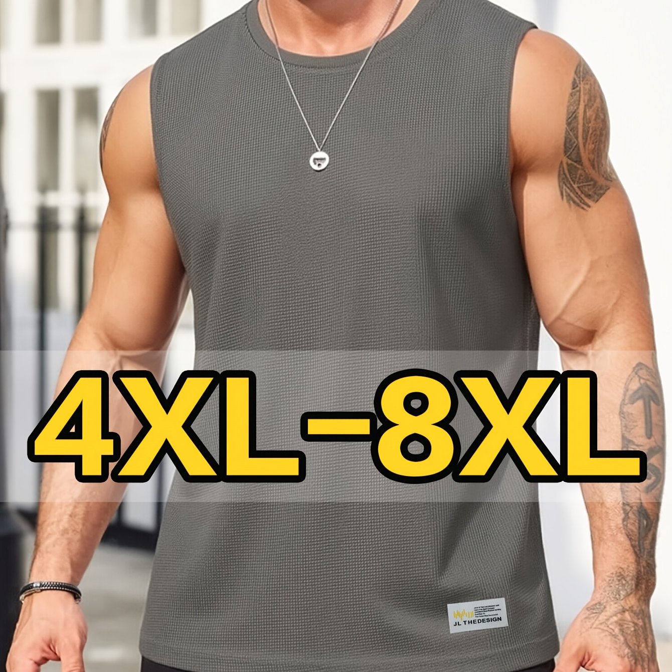 TEMU 4xl-8xl Men's Oversized Waffle Knit Tank Top - Sleeveless Shirt Suitable For Casual & Sports Wear, Lightweight Breathable Base Layer With Patch