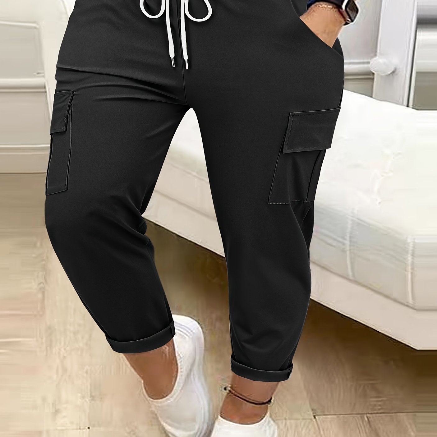 Plus Size - Fashionable Solid Color Plus-size Women's Long Pants With Multiple Pockets