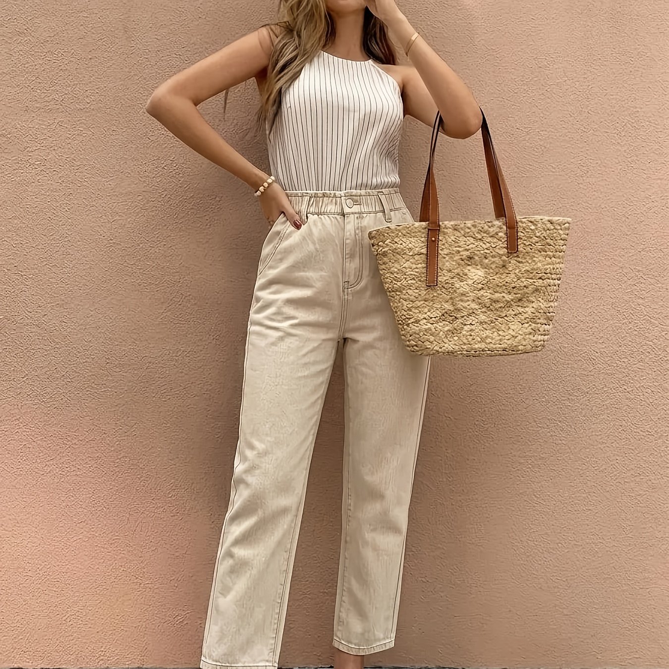 Image of 25aw+ Women's High-waist Stretch Beige Denim Ankle Pants With Elastic Waistband For Daily Wear