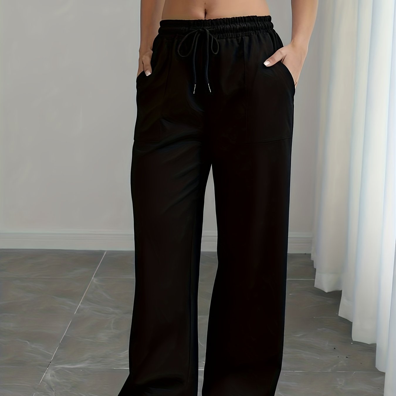 TEMU Women's Casual Solid Color Loose-wide-leg High-waist Drawstring Slightly Stretchy Straight-leg Pocket Pants
