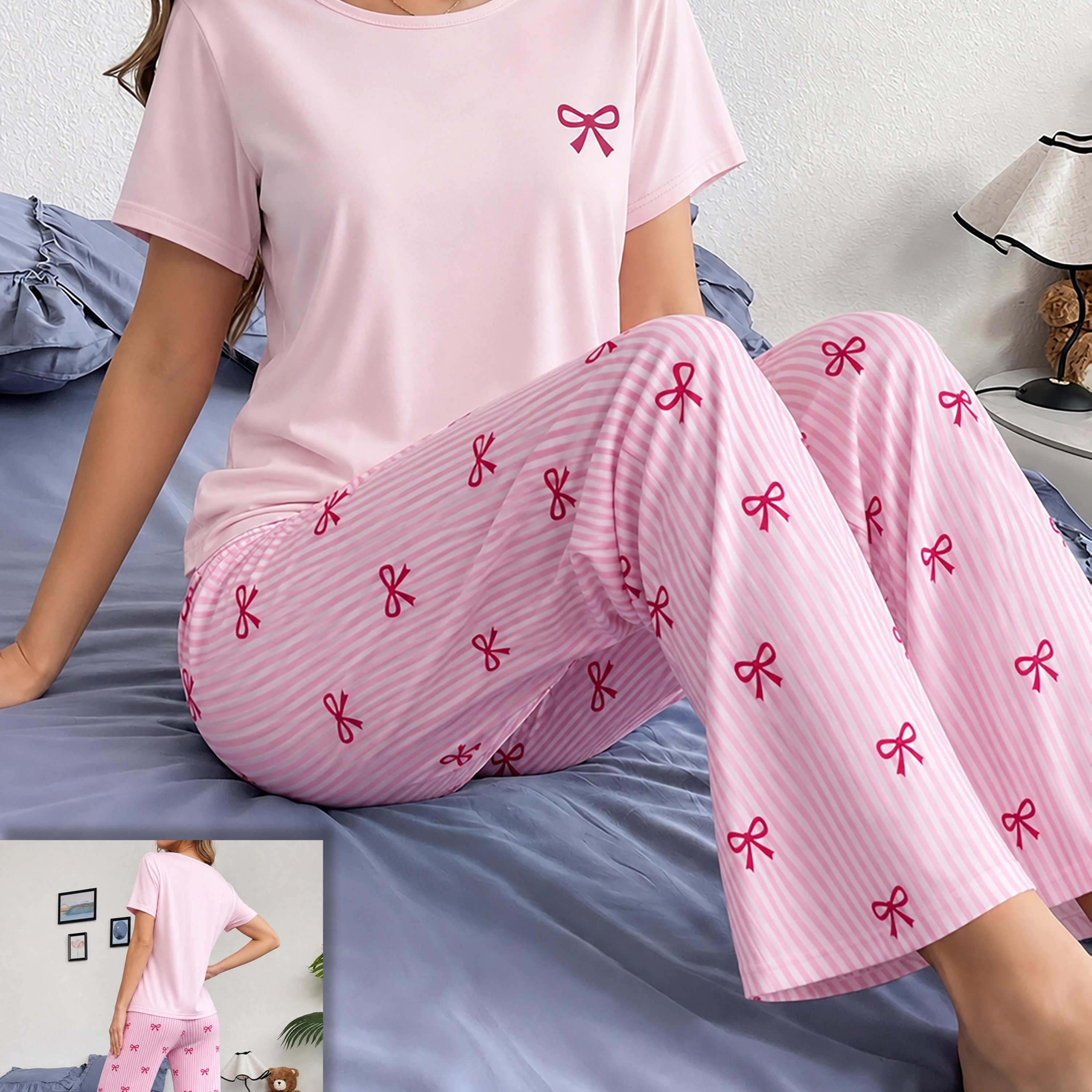 TEMU "26aw" Women's Pajama And Loungewear 2pcs Set, Casual Sleepwear Suit, Wear Set, Comfortable For Home Use, Bow And Stripe Theme Pajama Set, Loose