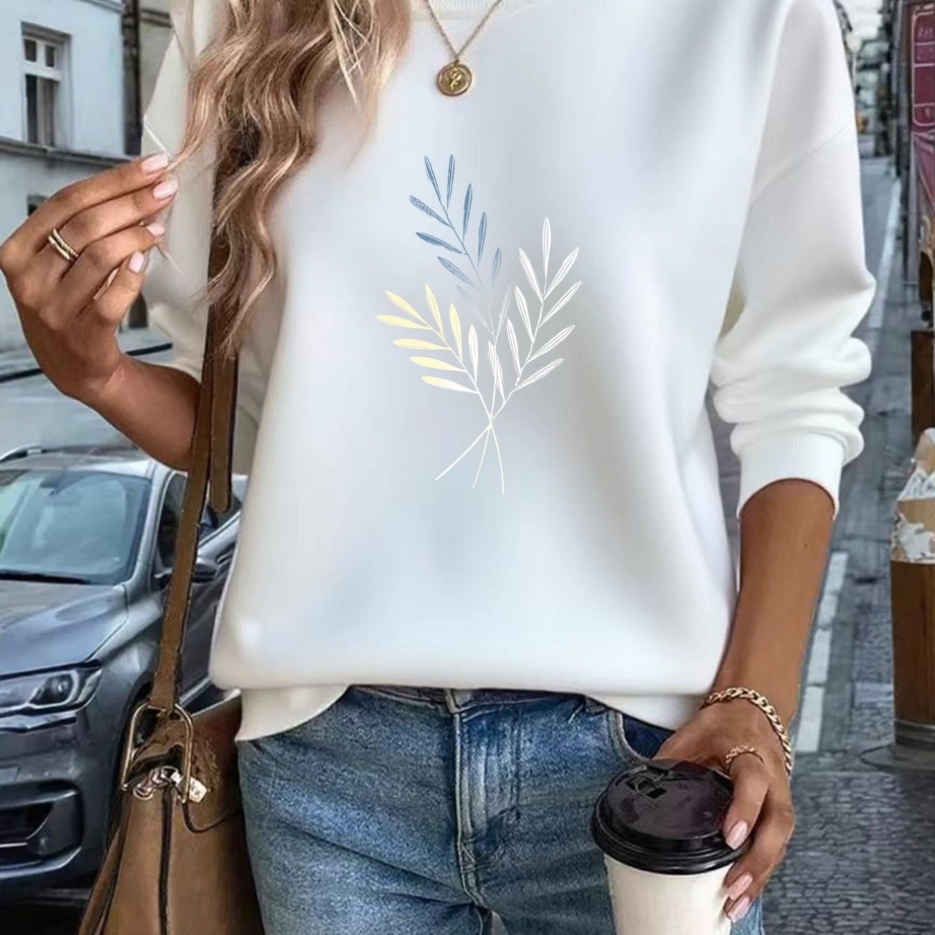 TEMU Plus Size - Autumn Winter Women's Round Neck Sweatshirt Plant Branch Leaf Fabric Comfortable Casual Casual All-match Wear