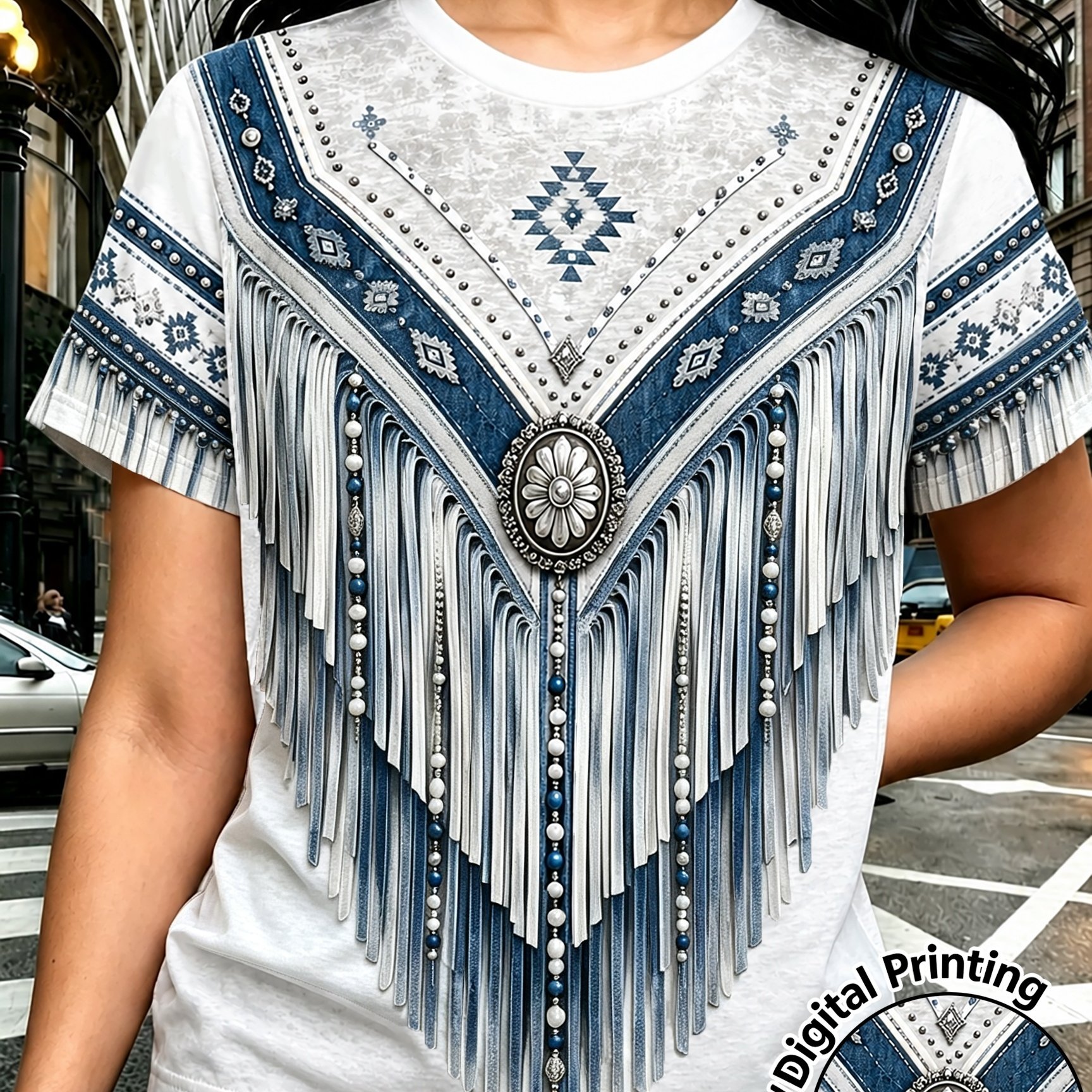 TEMU New Summer Women's T-shirt, Round Neck Casual Apparel, Women's Pullover, Casual Commuter Wear, Comfortable Base Layer, Tassel Pearl Print