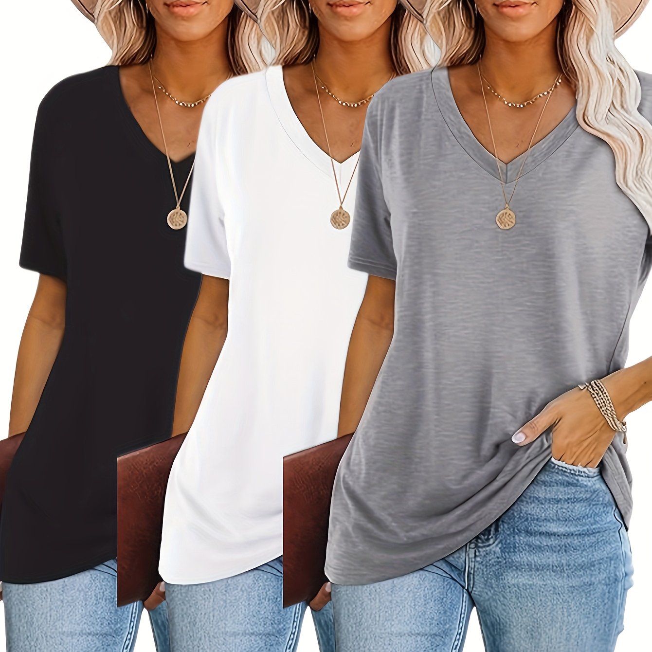 E-shop Dreiteiliges Set 2025 Damen T-Shirt, Europäischer Amerikanischer Modetrend Casual Oberteil, V-Ausschnitt Lockeres Kurzarm T-Shirt