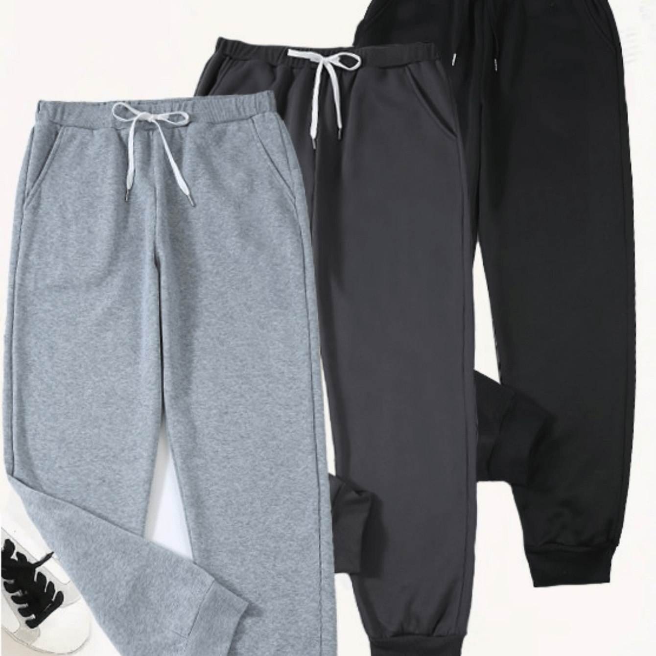TEMU 3pcs Elastic Waistband Waist-bound Sweatpants -100% Polyester, Comfortable All Season, Slightly Elastic, Fabric, Solid Color-machine Washable,