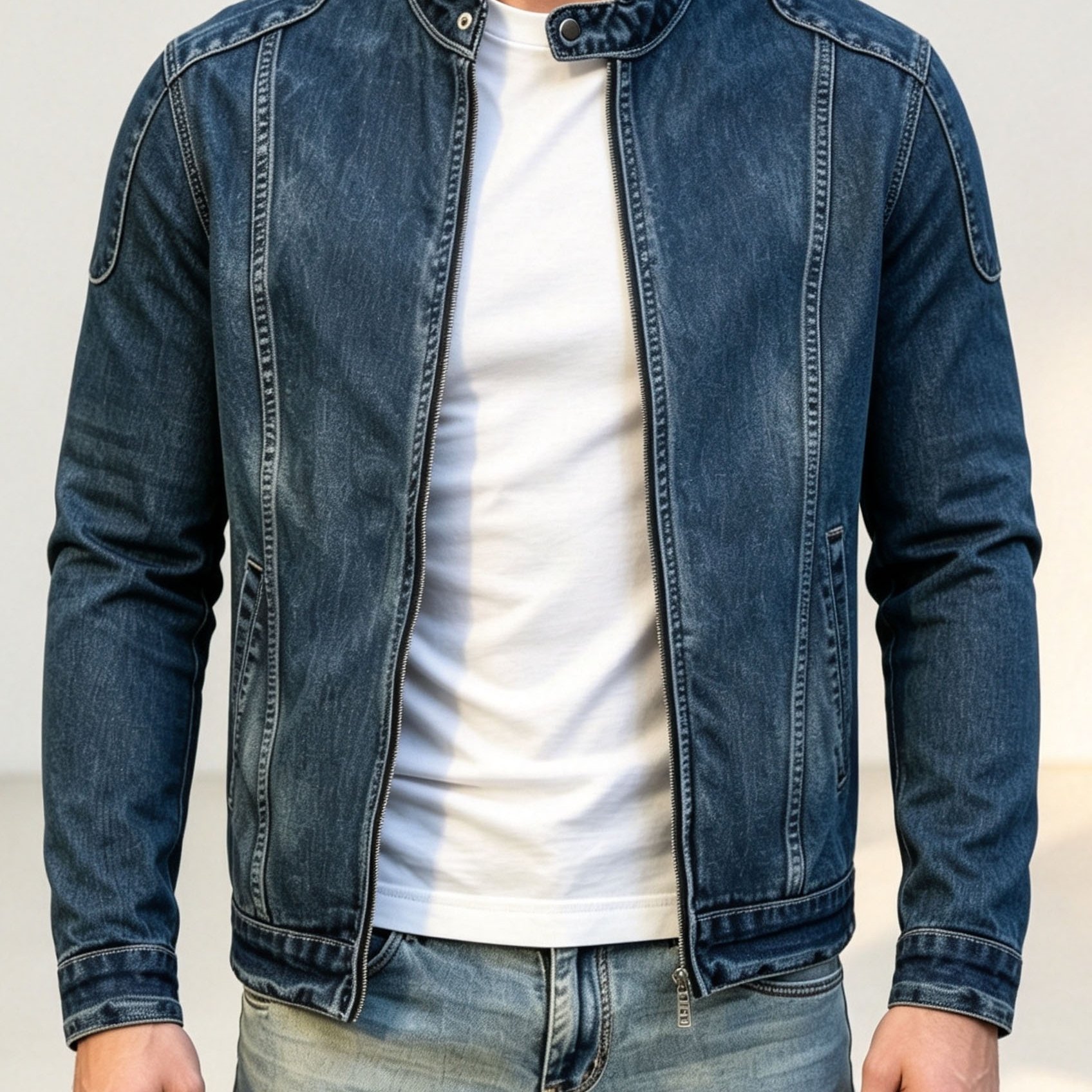 Image of [hme] Men's Dark Blue Stand Collar Zip- Jacket - Vintage Biker Short Washed Coat With Collar & Whisker Gradient Wash, Machine Washable Pocketable Workwear Suitable For , Daily , Retro Outerwear
