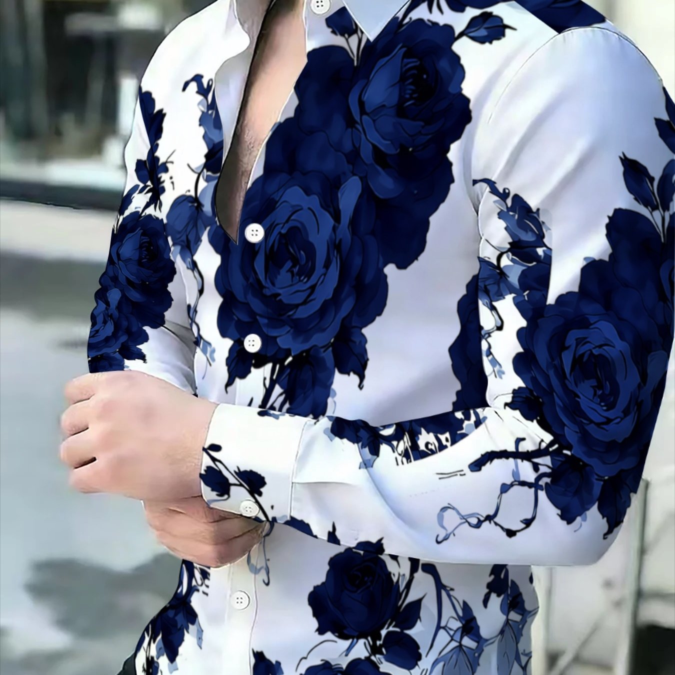 TEMU Men's Blue Rose Print Shirt Long-sleeved Slim Casual Fashion Shirt White Background Floral Pattern Top