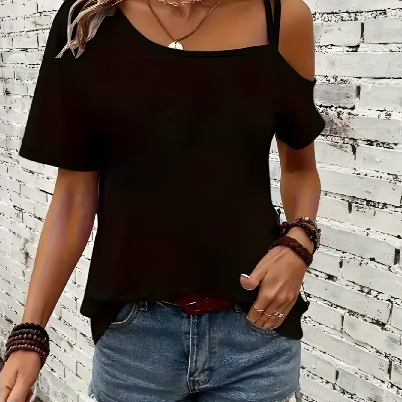 E-shop Weiches bequemes, angesagtes trendiges Outfit, elegante Damenbekleidung, , trägerloses kurzärmeliges Cami-T-Shirt-Top, einfarbig Schwarz