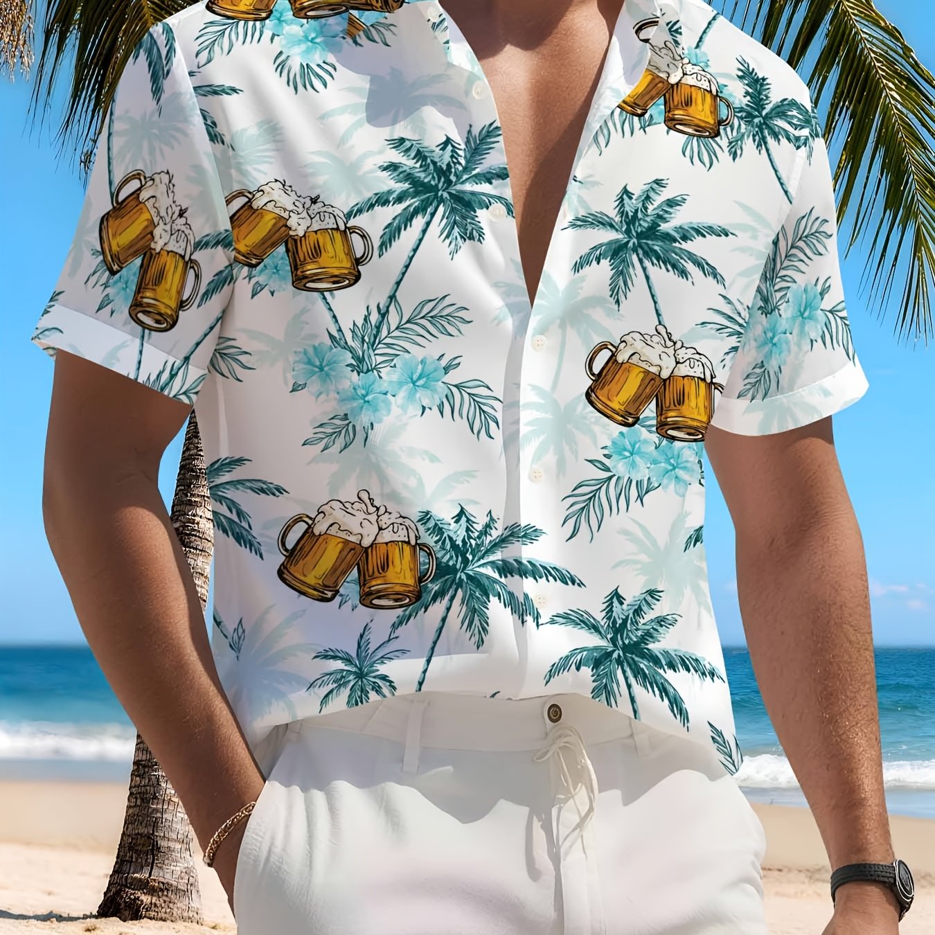 TEMU Summer Men's Fun Beer Print Short Sleeve Shirt, Loose Breathable Hawaiian Style Beach Casual Top