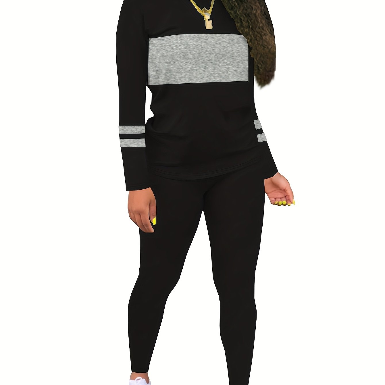 TEMU Women's Fashion Autumn-winter Color Block Round Neck Cuff Tape Top With Long Pants Set