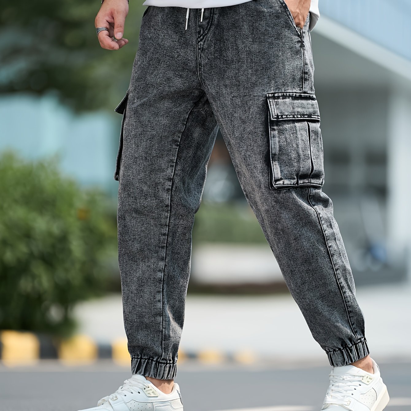 Plus Size Men's Snow Fade Washed Full Elastic Waistband Cargo Pants Td7572, Plus Size