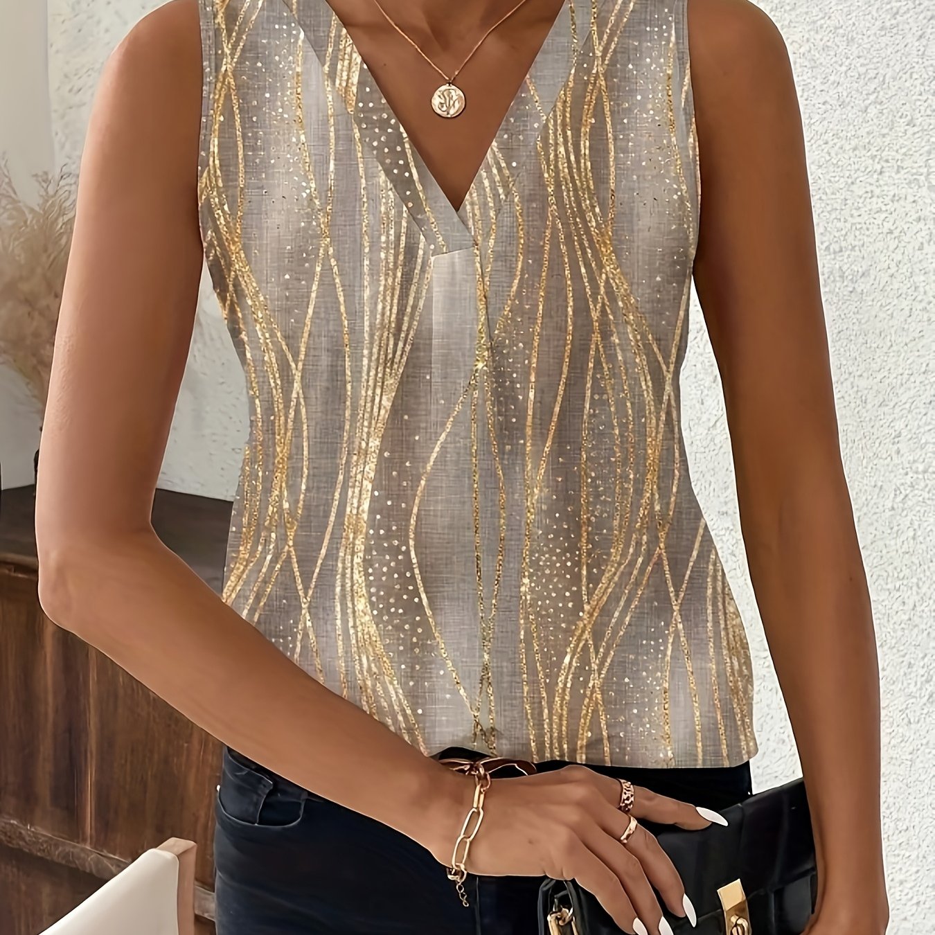 E-shop Marmor & Streifen Druck V-Ausschnitt Ärmellose Bluse - Eleganter Smock-Top mit Brustfalte, V-förmiger Kragen, Nicht dehnbares Sommerhemd für