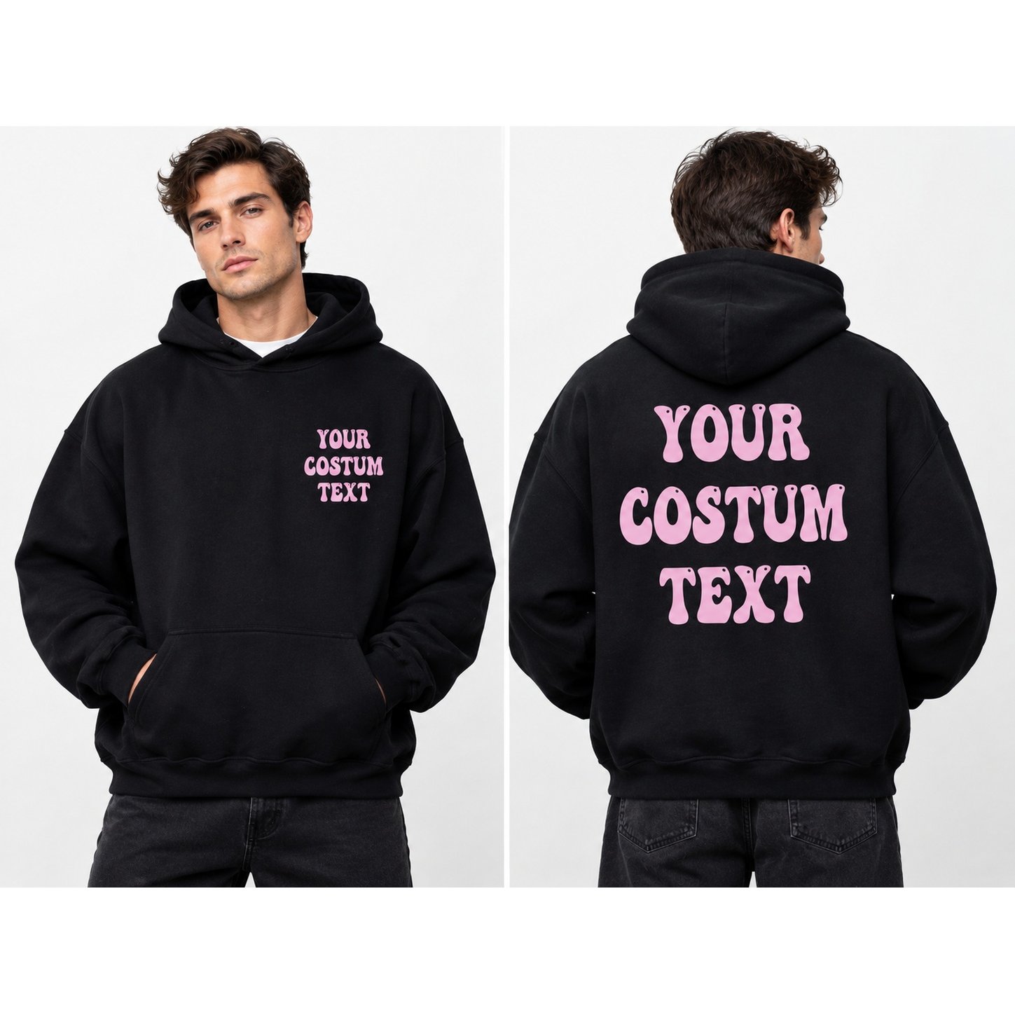 Image of Custom Hooded Sweatshirt With Personalized Back & Front Text/ - Loose Fit Hoodie Suitable For Gym, Uniforms, Promotional Gifts, Machine Washable Pullover With Your Own