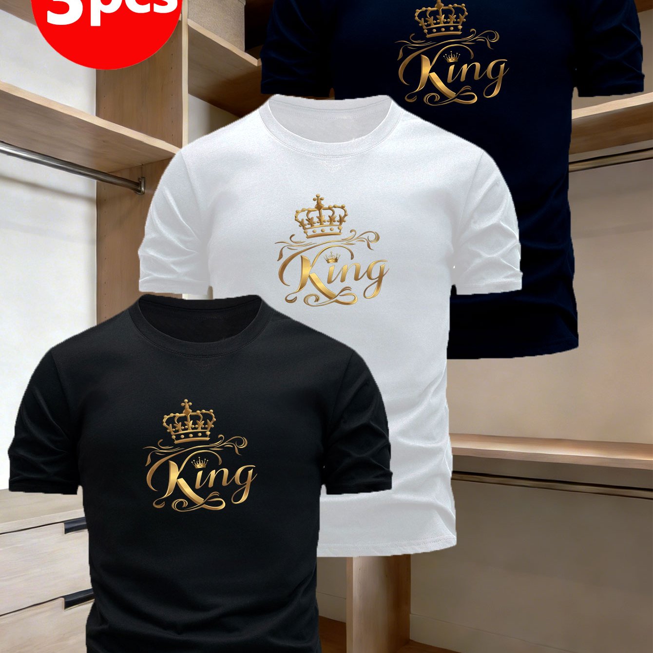 TEMU Men's Luxury Golden-printed T-shirt 3pcs- Breathable Round-neck Short-sleeve T-shirts With Golden-crown Print, Casual Summer Tops For Parties,