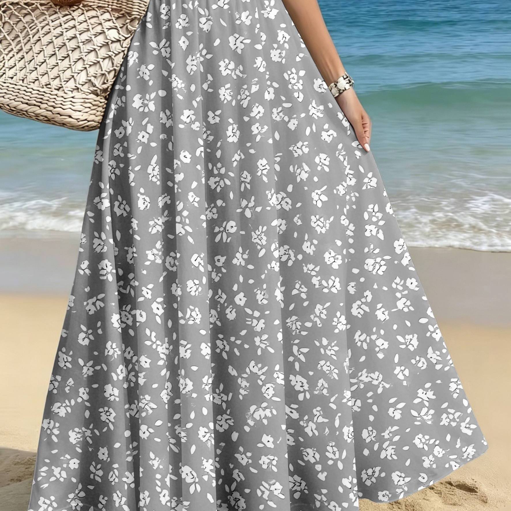 TEMU Plus-size Women's Elegant And Fashionable Midi Skirt, Casual Printed Mid-length Skirt, Floral Print With White Flowers On A Gray Background,