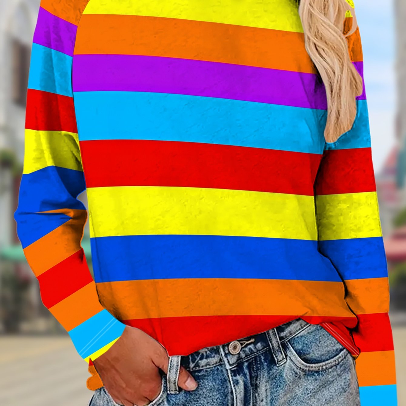 TEMU Women's Long Sleeve T-shirt With A Pattern Of Multiple Colors And - Fashionable Casual Top, Machine Washable Base Layer, Suitable For Casual