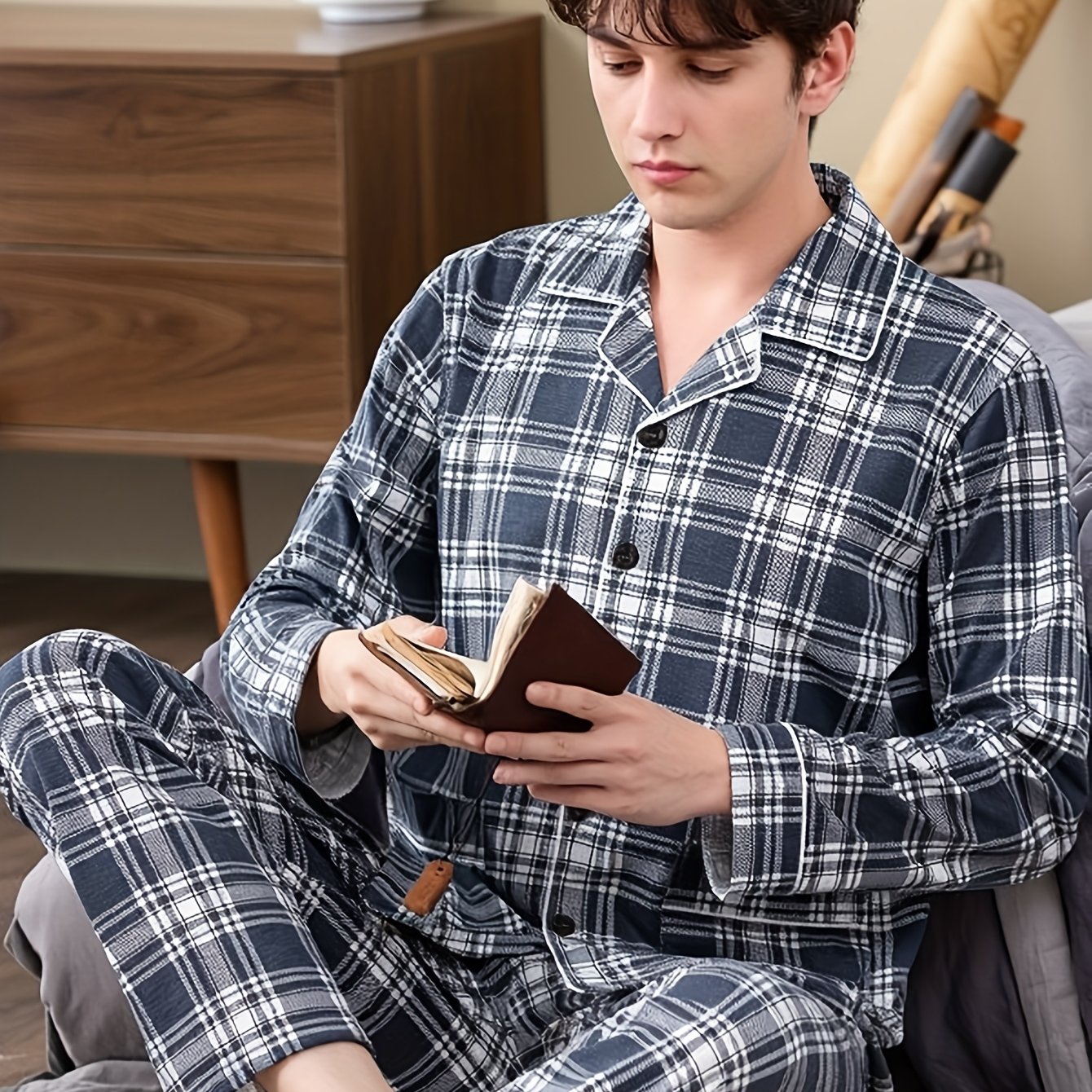 TEMU 2pcs Pajama Set For Men - Long Sleeve & Pants - Fashionable Plaid Print, Comfortable Fabric - Plaid Top + Plaid Pants, Casual For Outdoor Wear