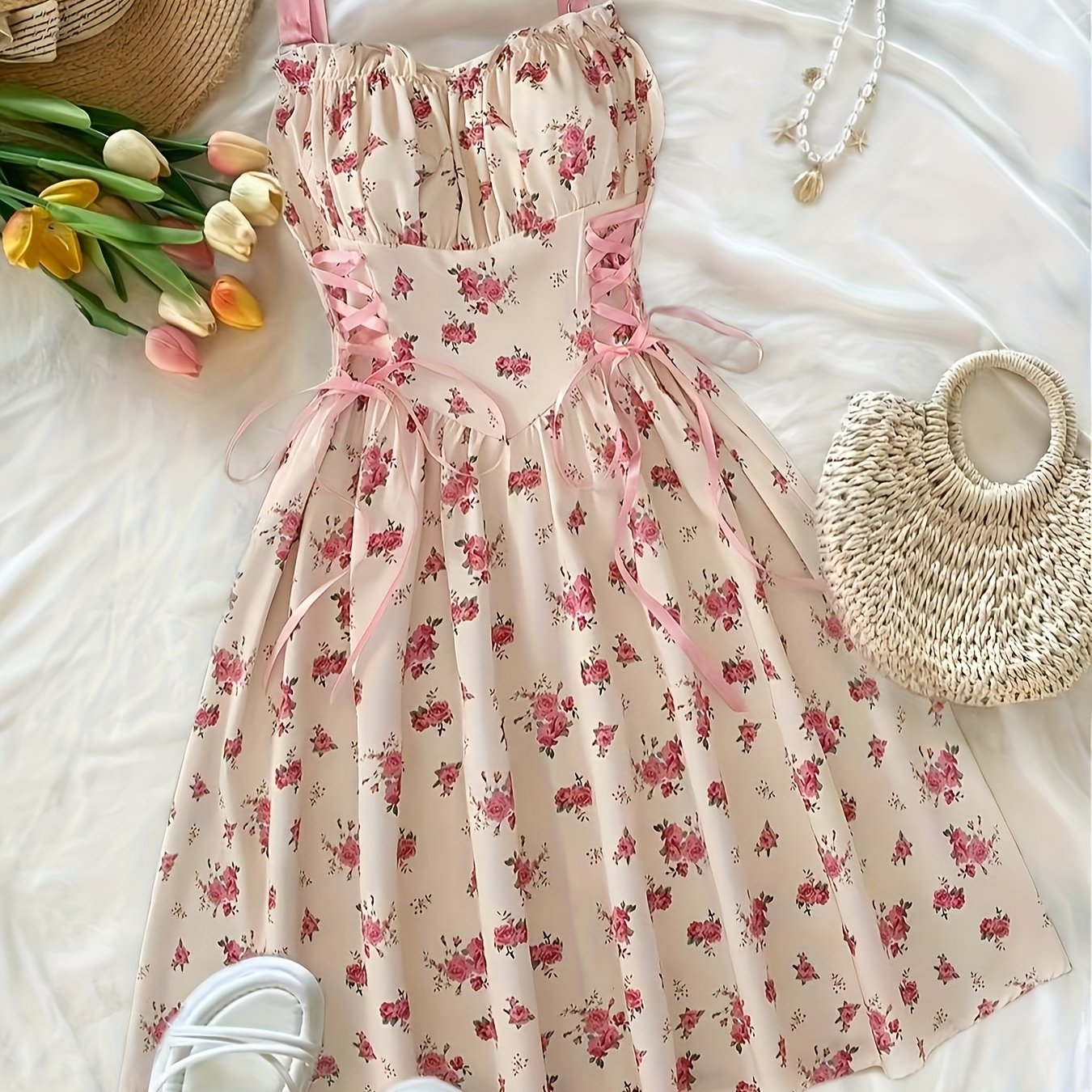 Elegant Floral Print O-ring Decorated Front Pleated Stretchy Lace Waist Cross Tie Bow Strap Dress With A Back Zipper A-line Flared Design, Perfect For Vacation And Seaside Elegant Parties
